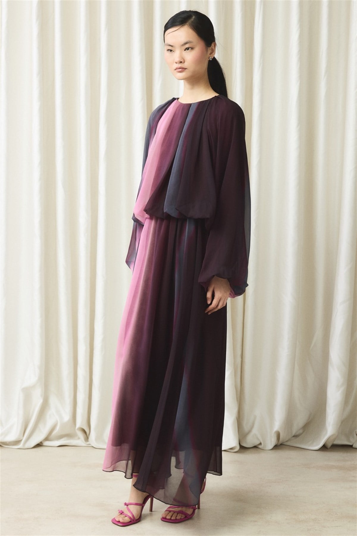 Şifon Baskılı Etek Takım - Bordo