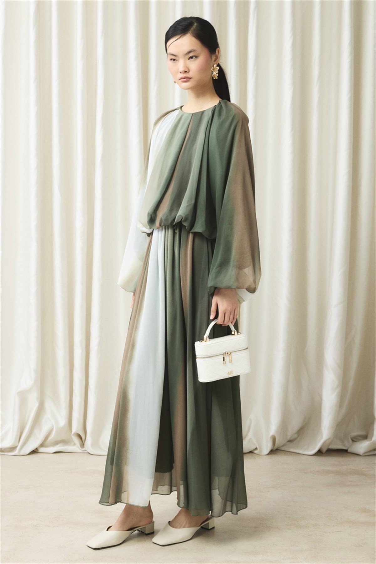 Şifon Baskılı Etek Takım - Haki