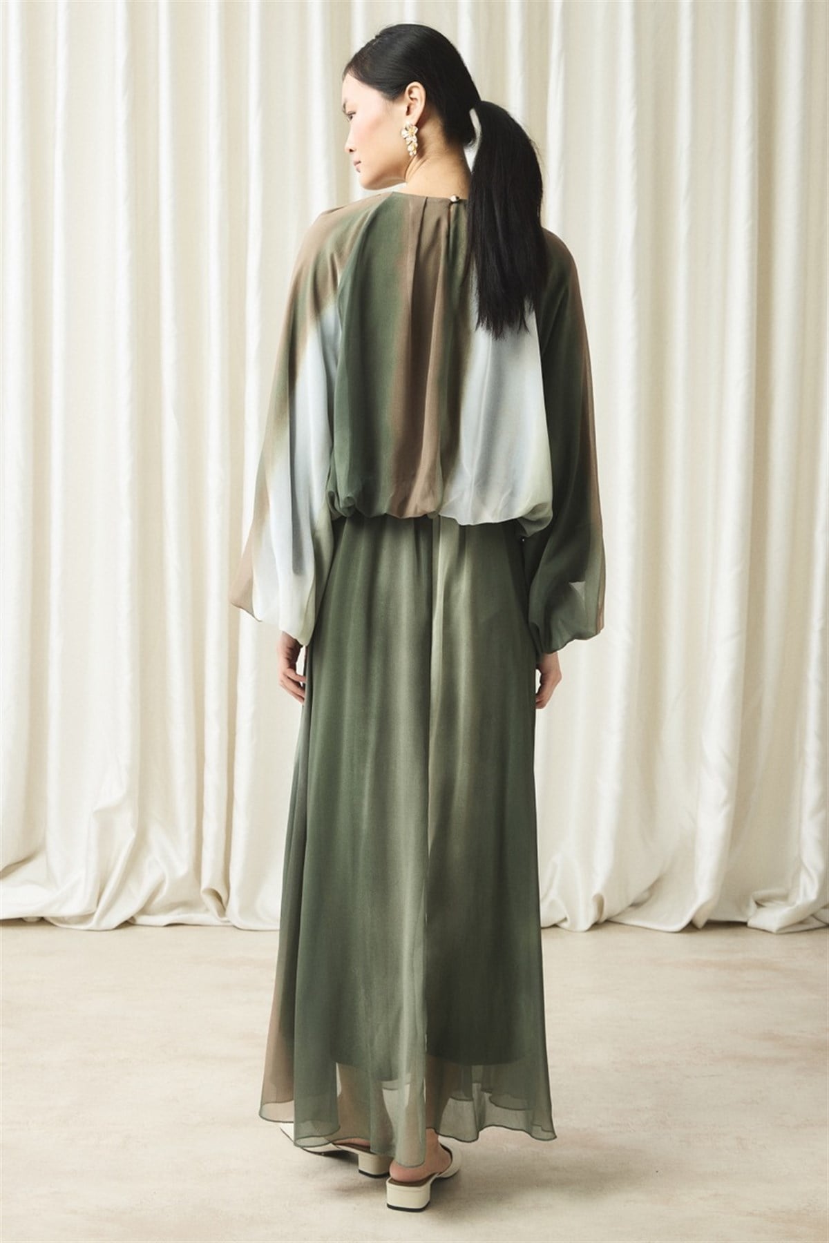 Şifon Baskılı Etek Takım - Haki