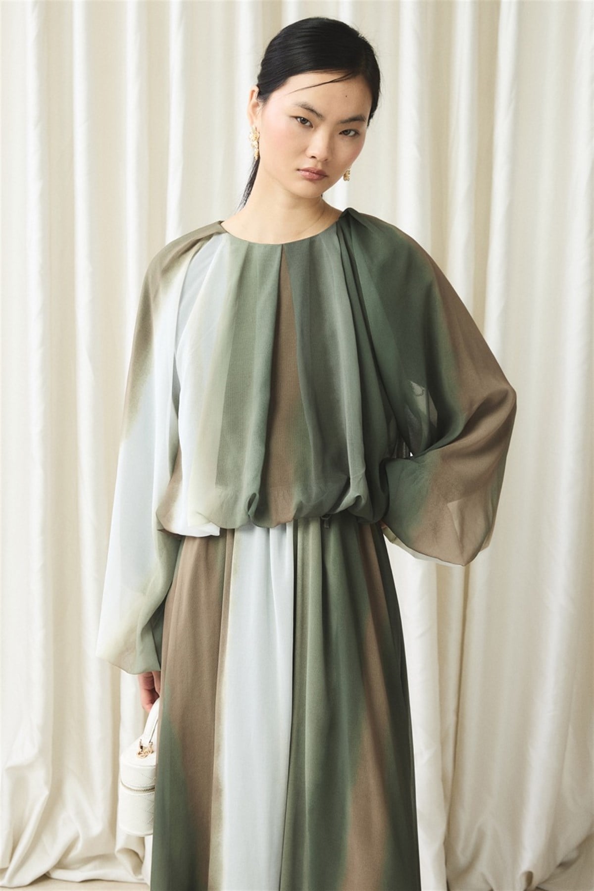 Şifon Baskılı Etek Takım - Haki