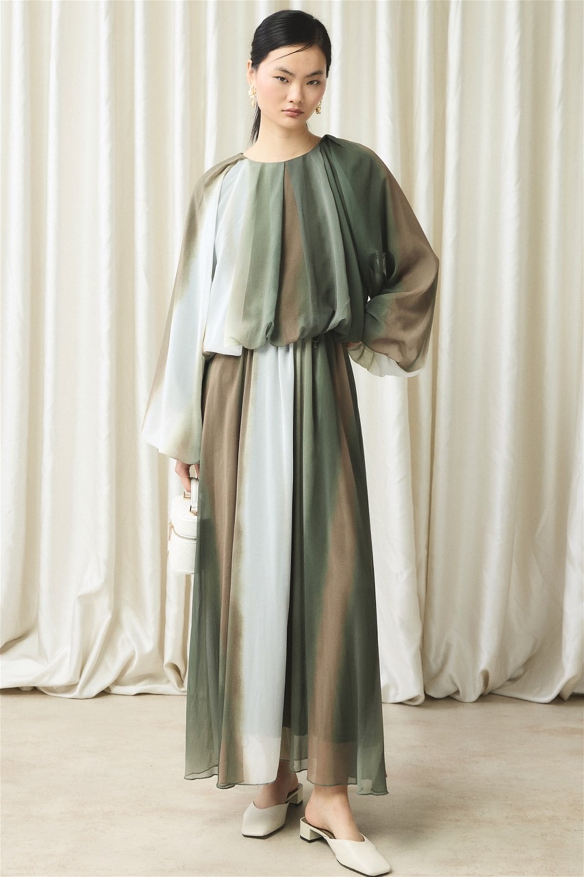 Şifon Baskılı Etek Takım - Haki