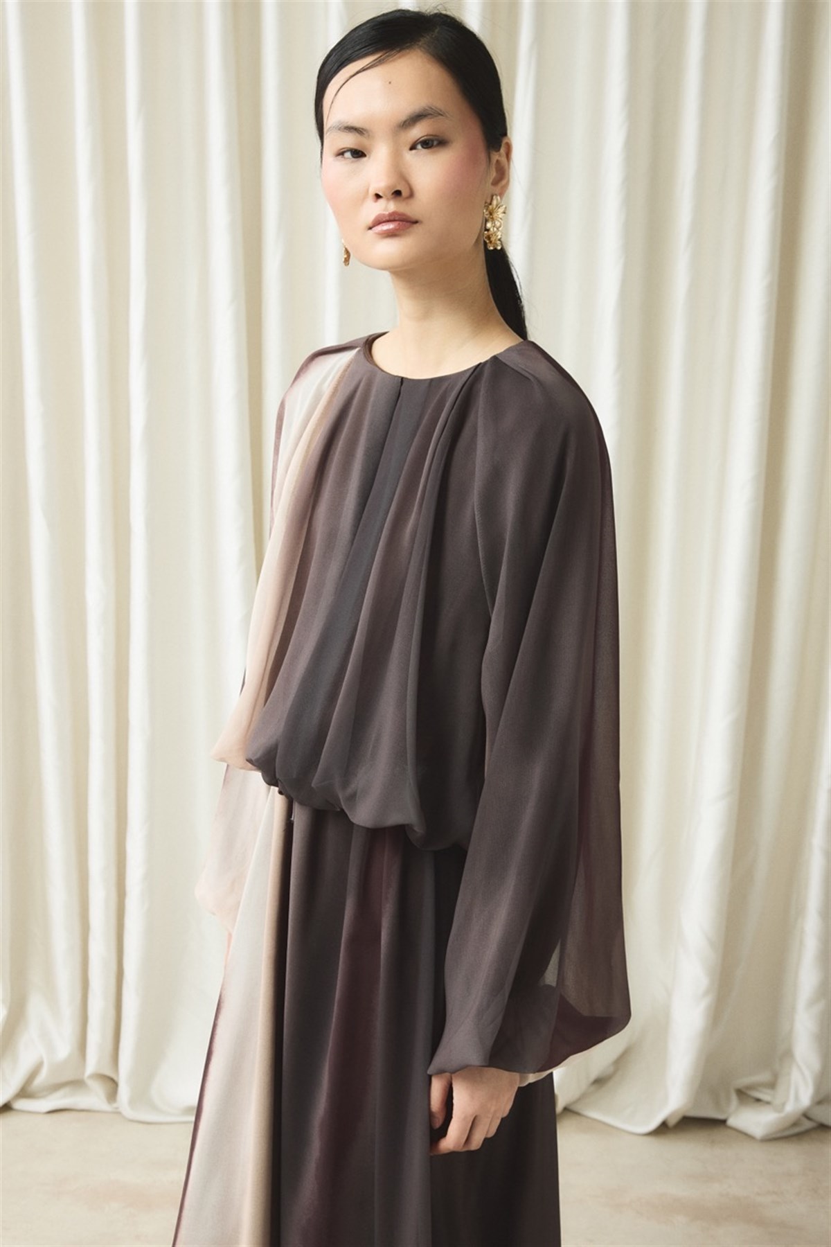 Şifon Baskılı Etek Takım - Kahve