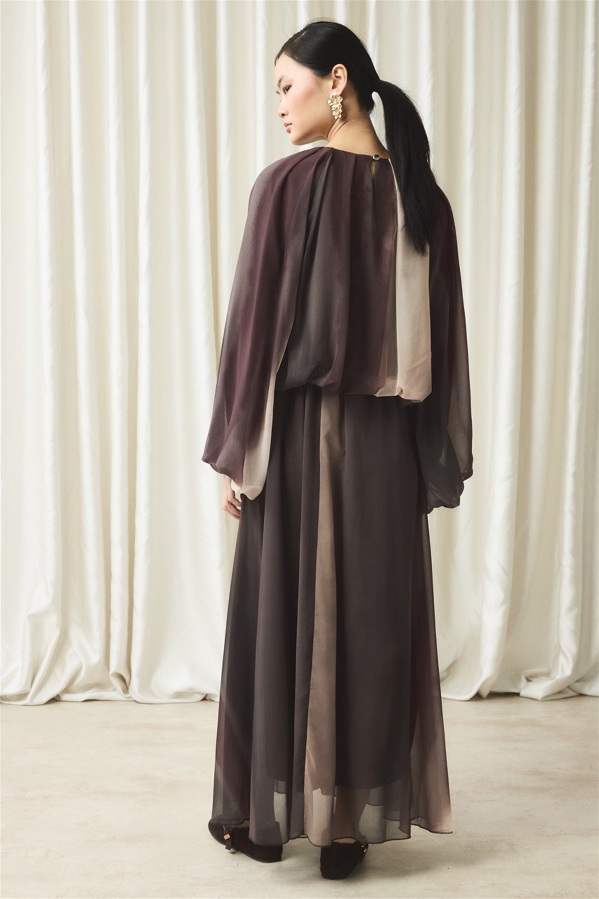 Şifon Baskılı Etek Takım - Kahve