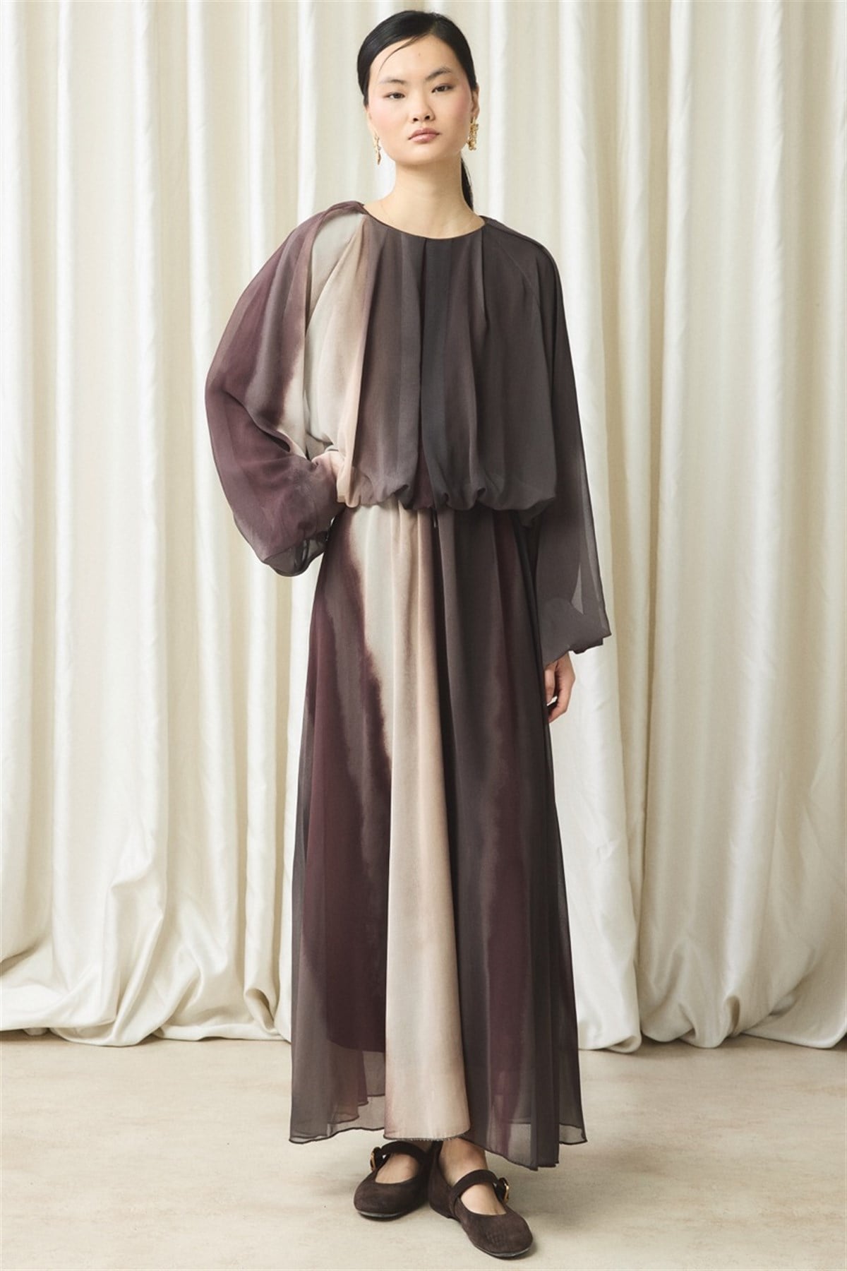 Şifon Baskılı Etek Takım - Kahve