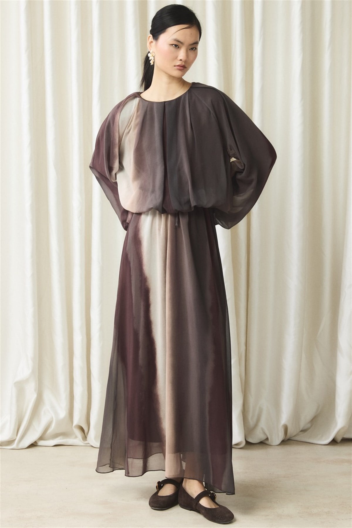 Şifon Baskılı Etek Takım - Kahve