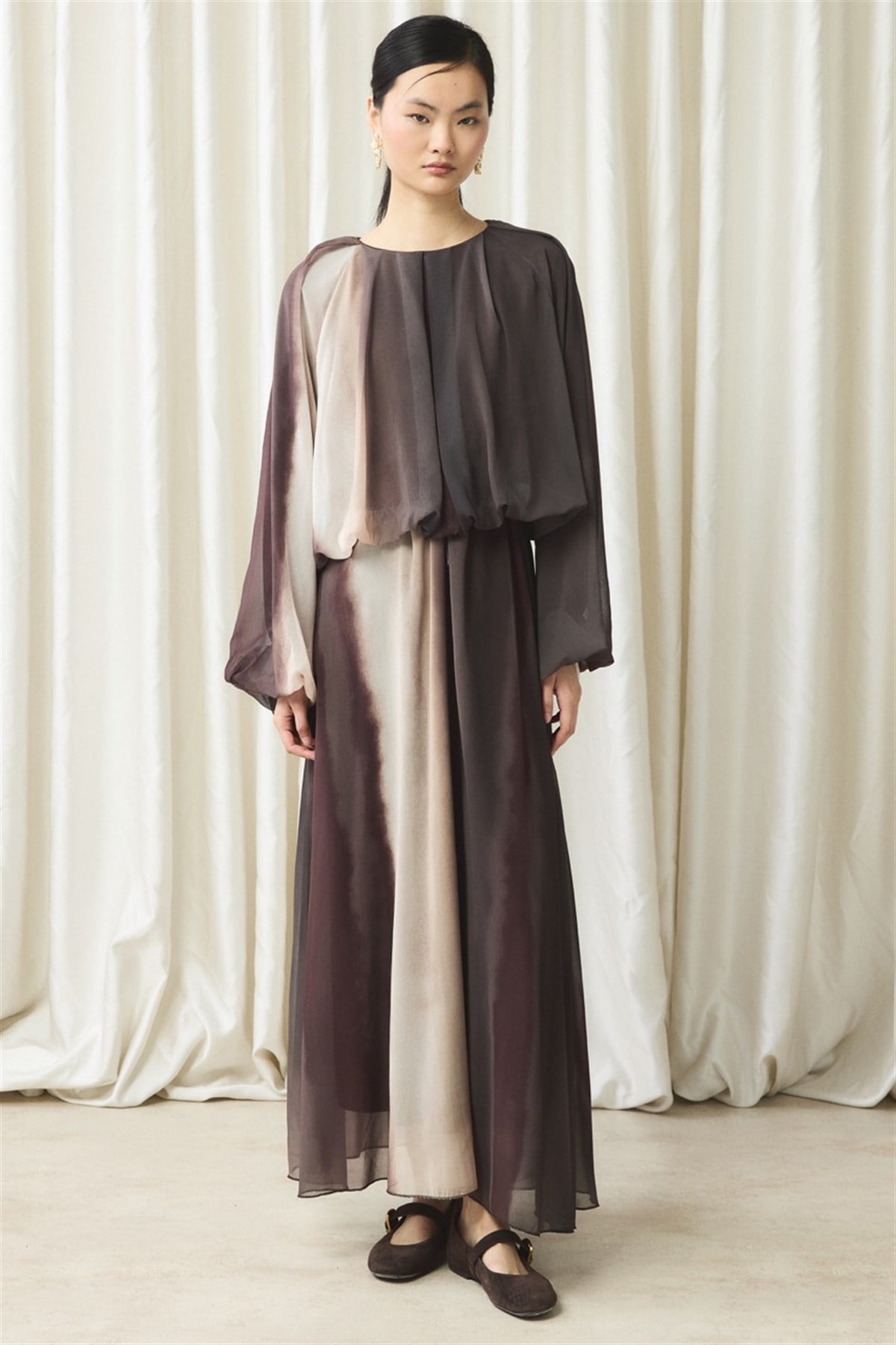 Şifon Baskılı Etek Takım - Kahve