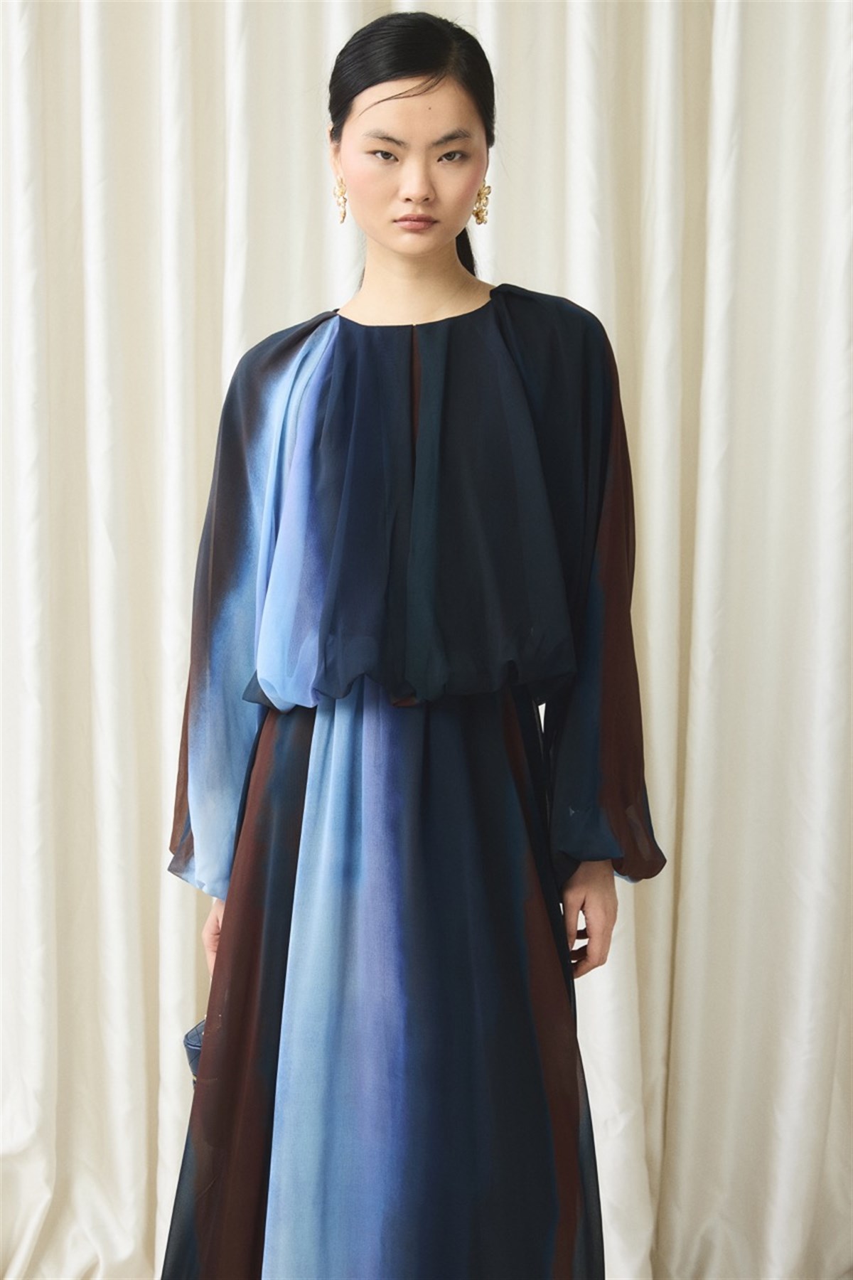 Şifon Baskılı Etek Takım - Lacivert