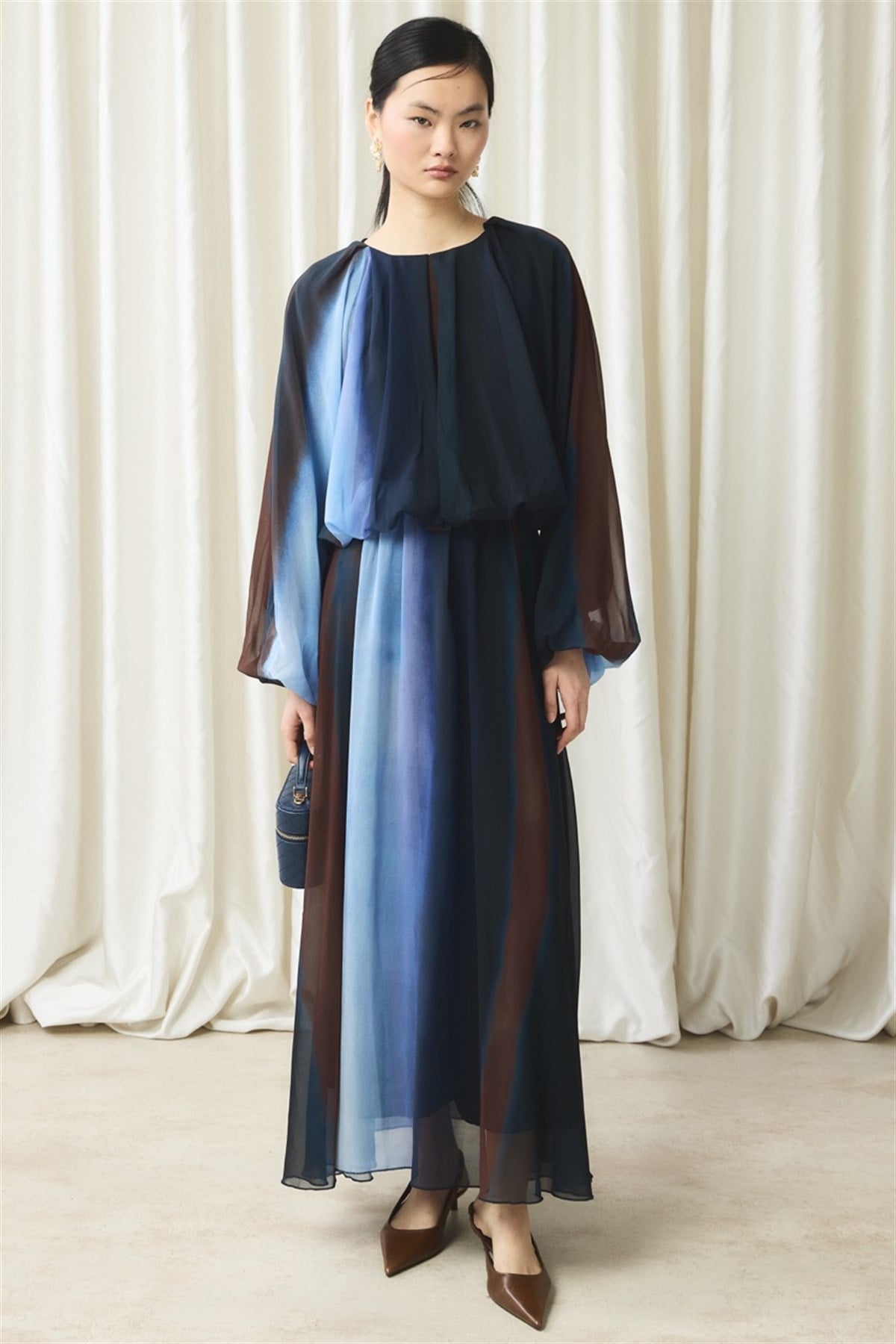 Şifon Baskılı Etek Takım - Lacivert