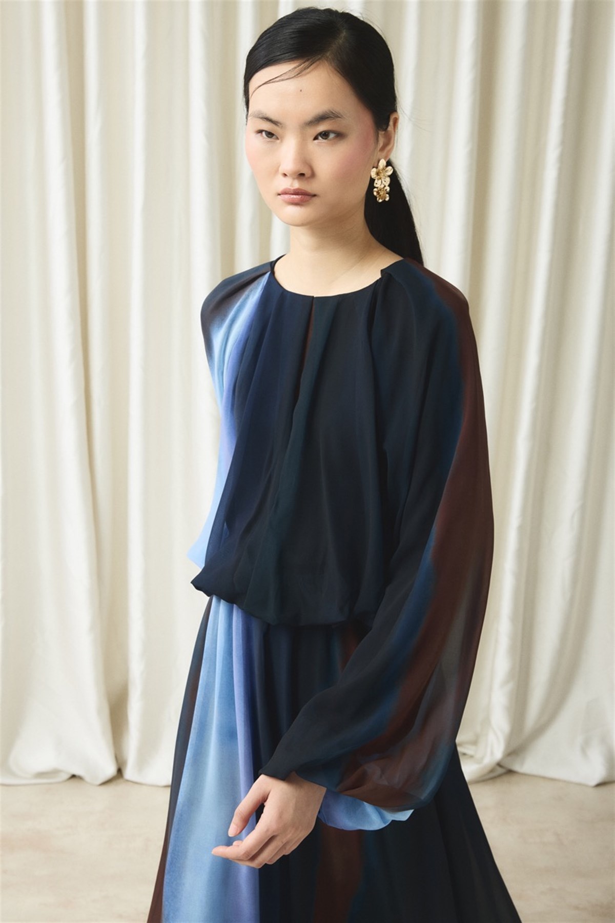 Şifon Baskılı Etek Takım - Lacivert