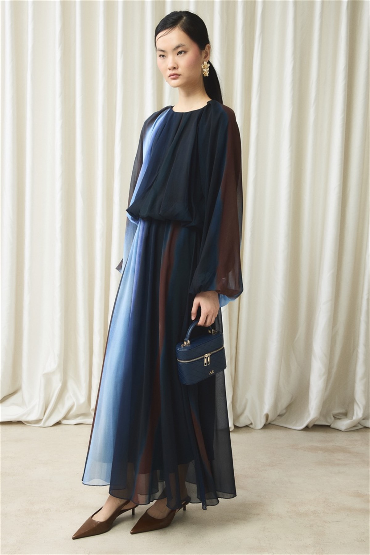 Şifon Baskılı Etek Takım - Lacivert