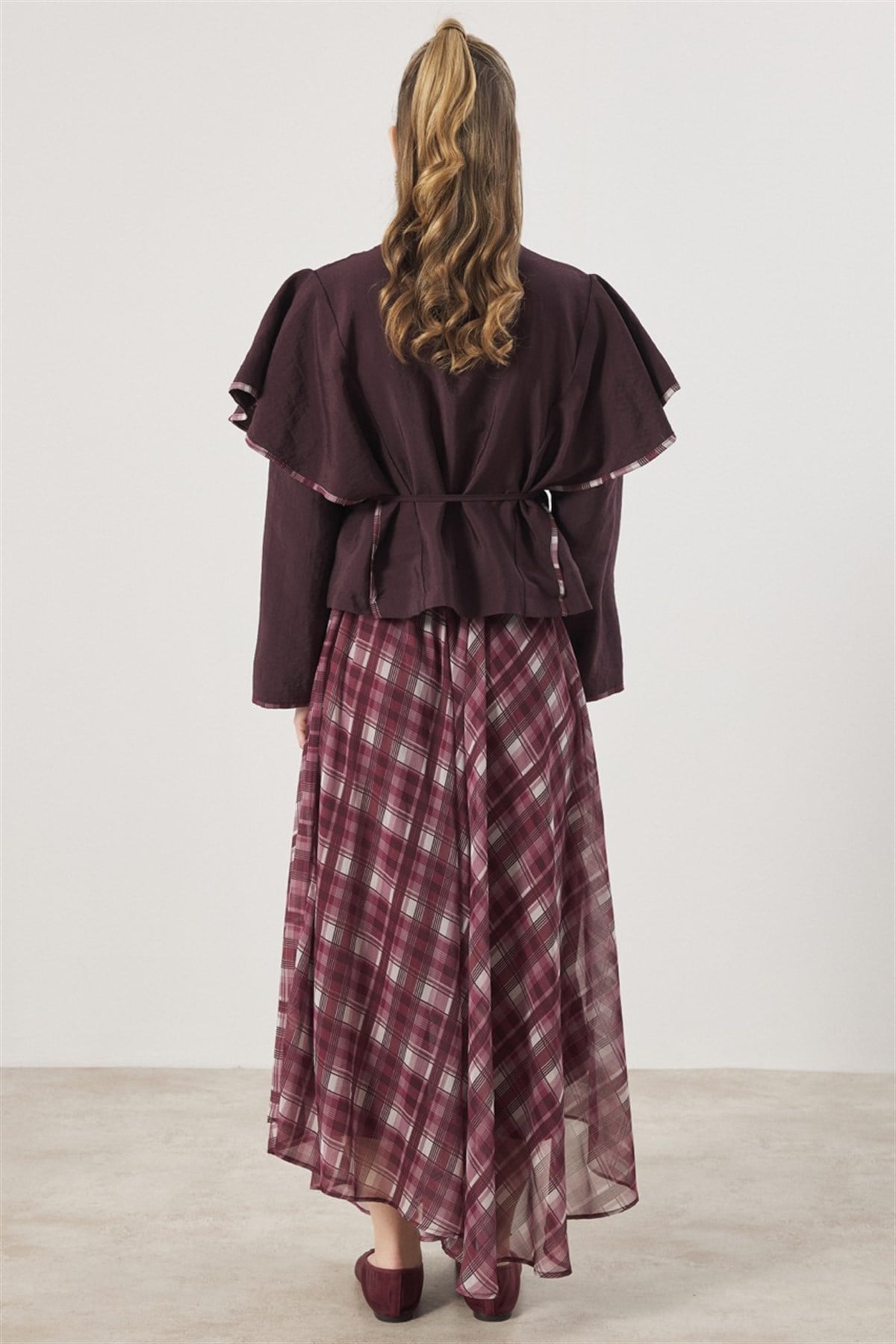 Şifon Desenli Etek Takım - Bordo