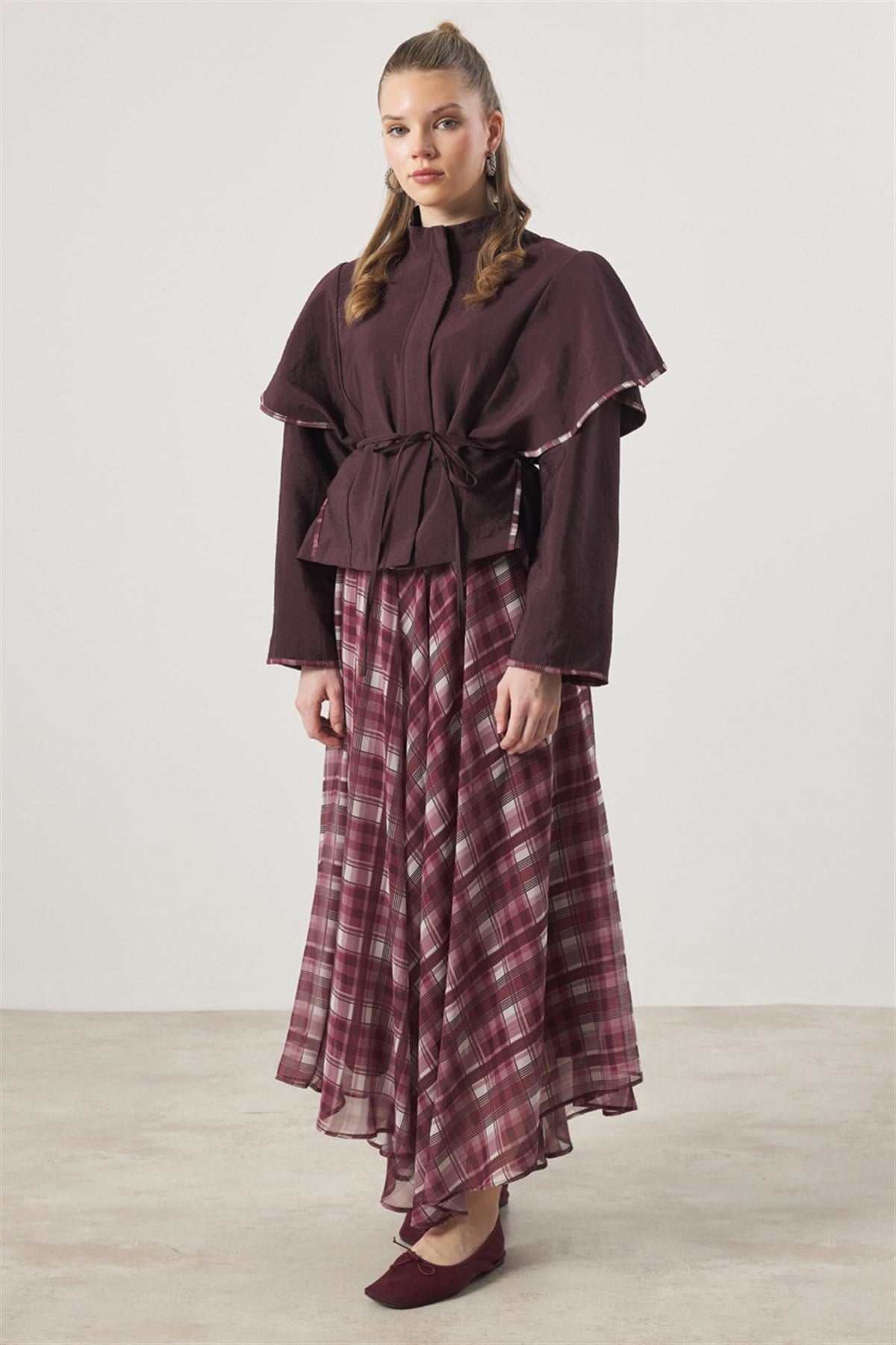 Şifon Desenli Etek Takım - Bordo