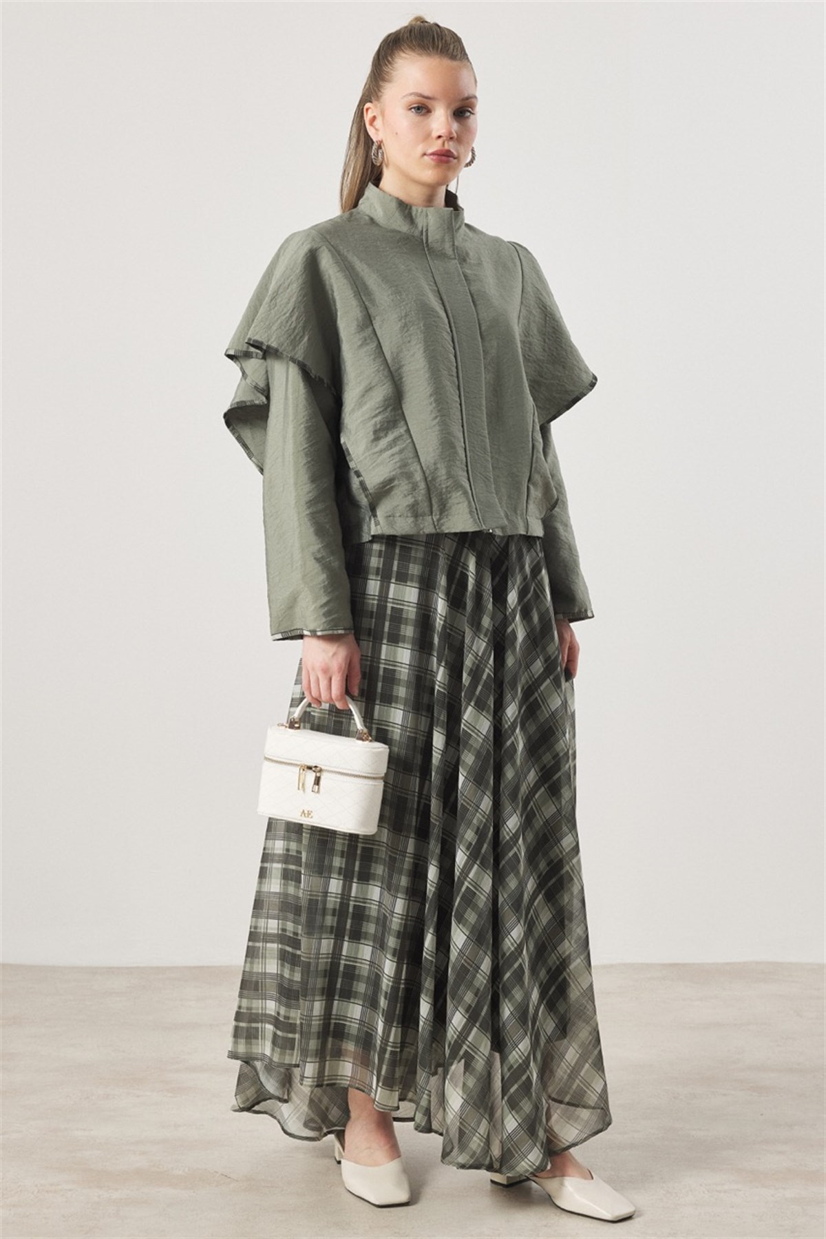 Şifon Desenli Etek Takım - Haki