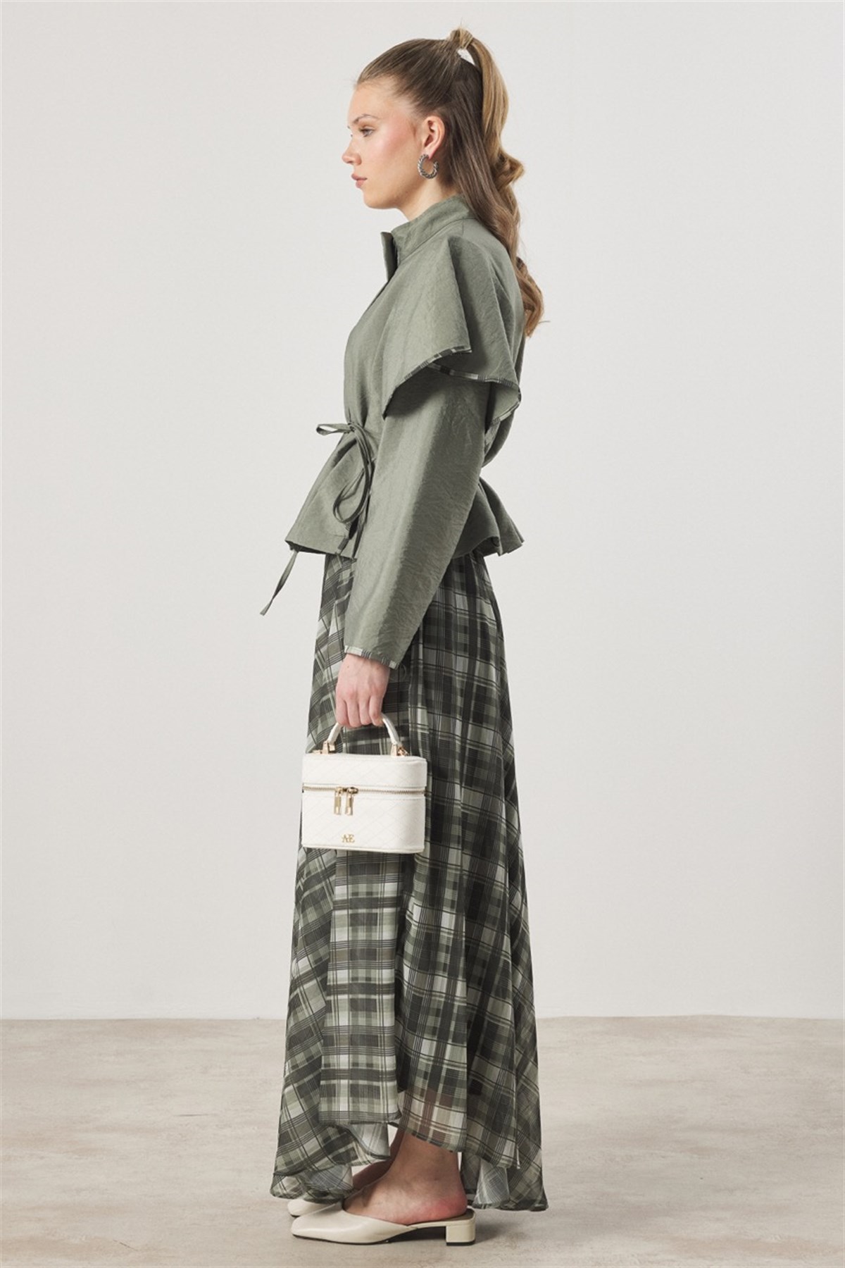 Şifon Desenli Etek Takım - Haki