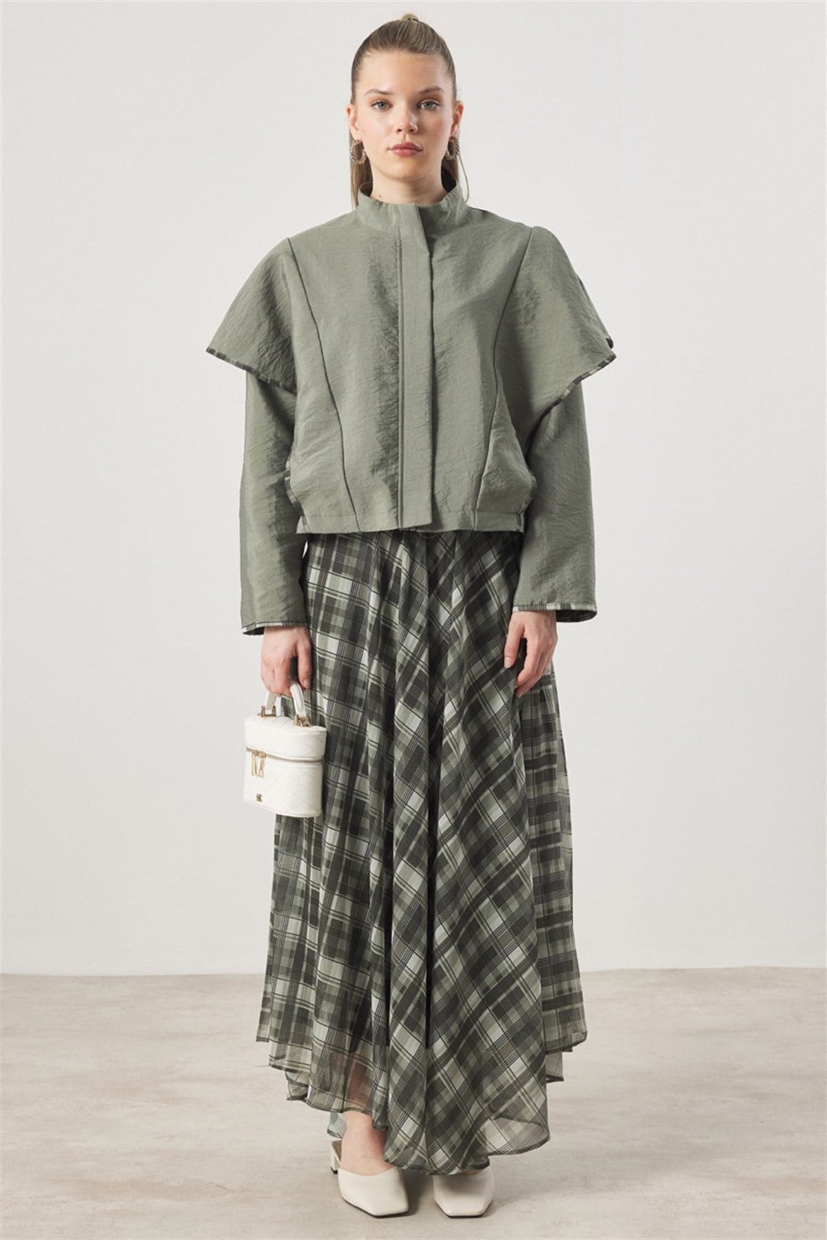 Şifon Desenli Etek Takım - Haki