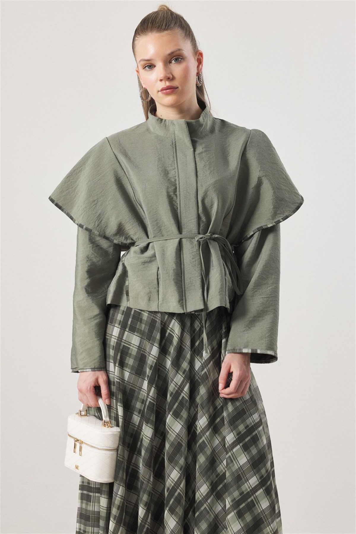 Şifon Desenli Etek Takım - Haki