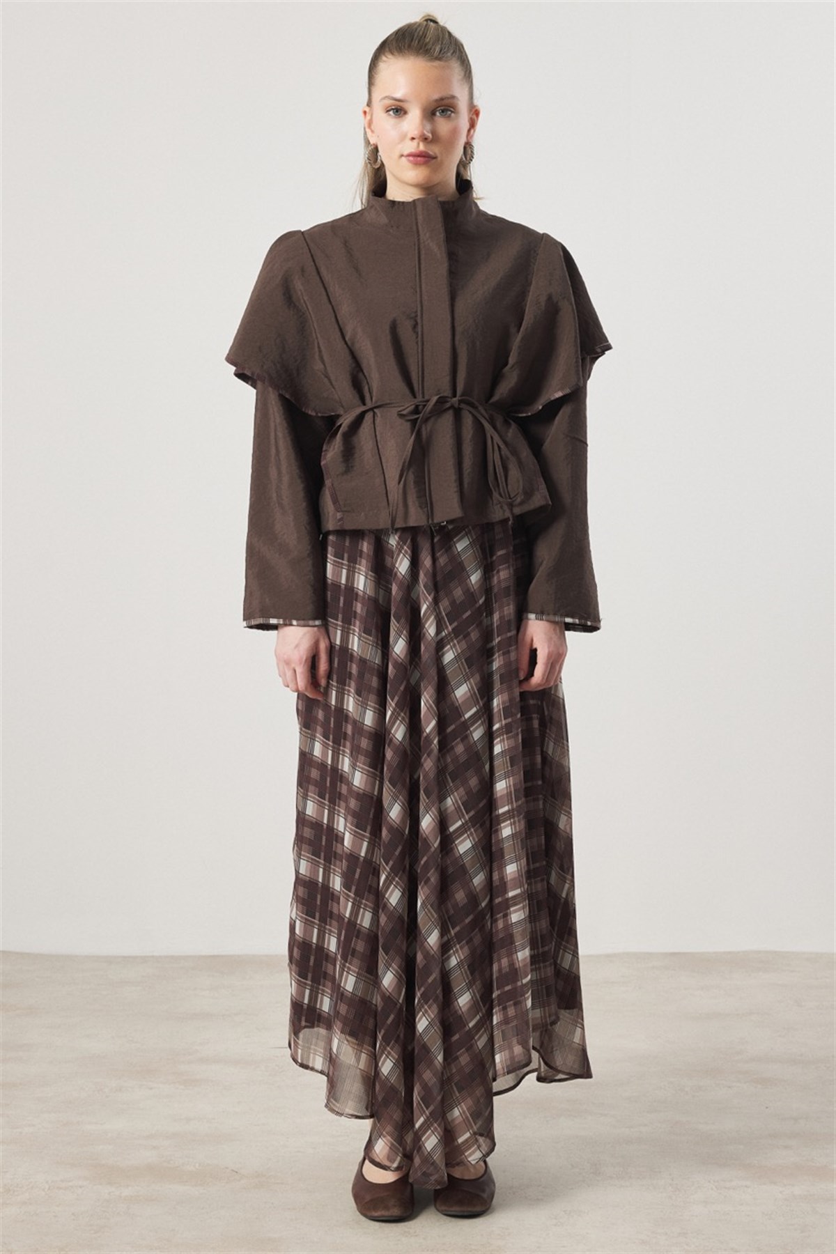 Şifon Desenli Etek Takım - Kahve