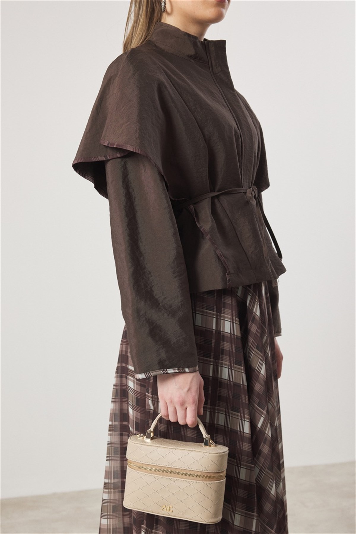 Şifon Desenli Etek Takım - Kahve