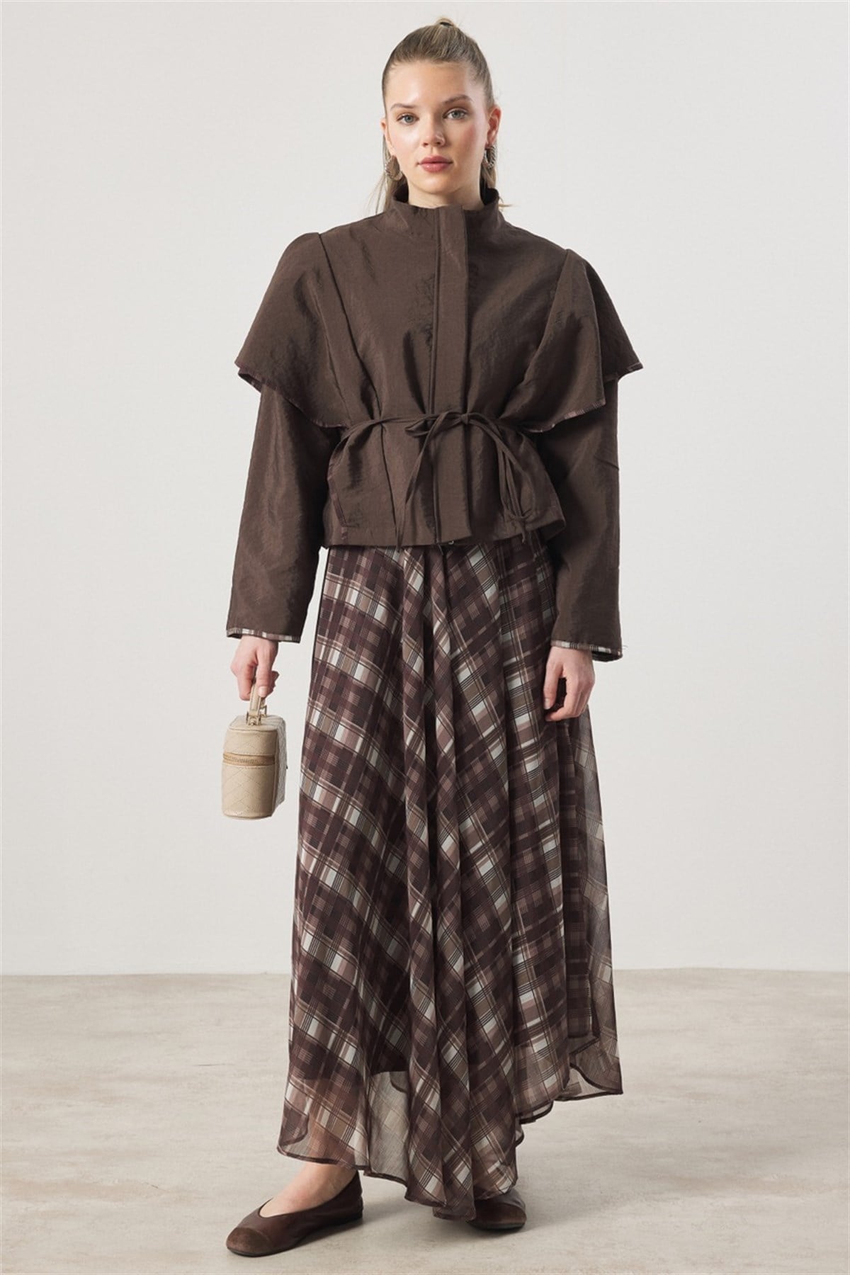 Şifon Desenli Etek Takım - Kahve