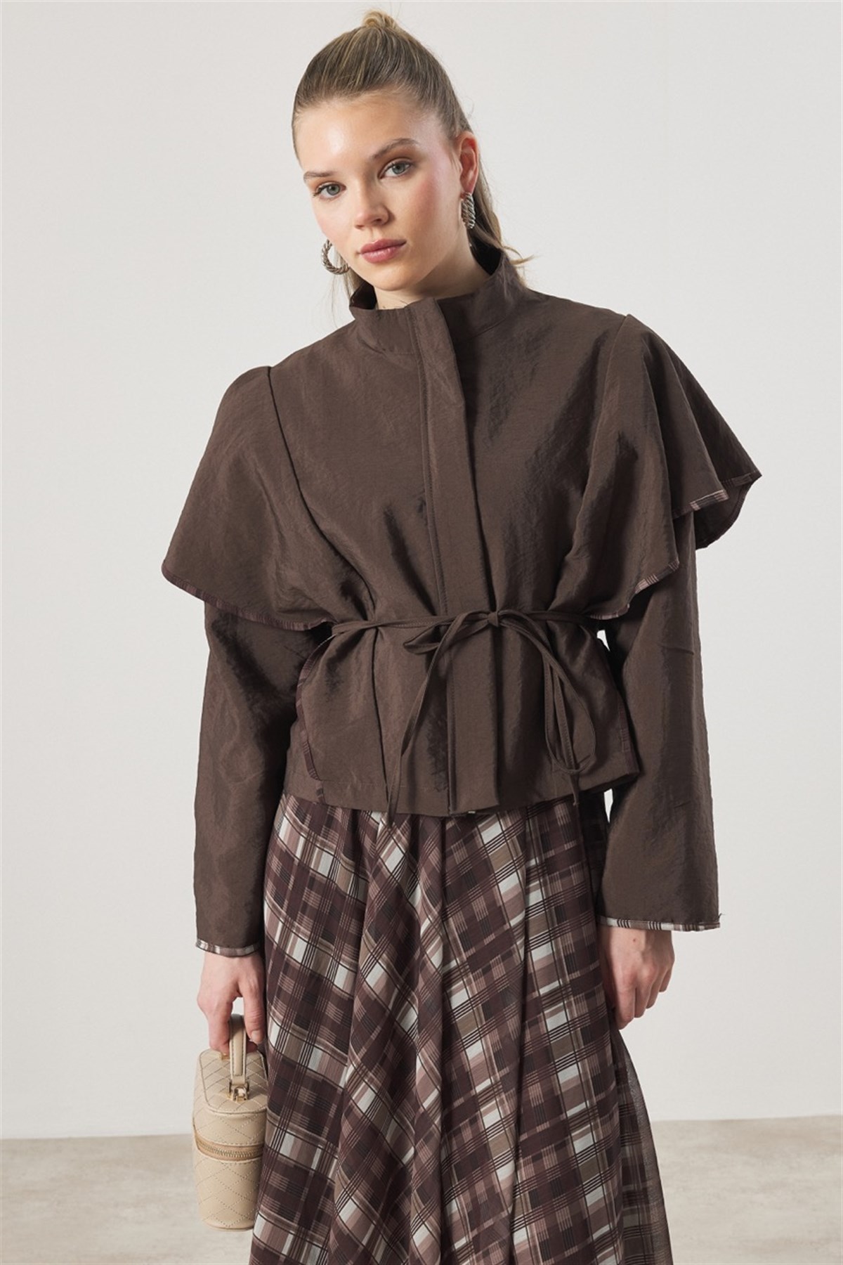 Şifon Desenli Etek Takım - Kahve