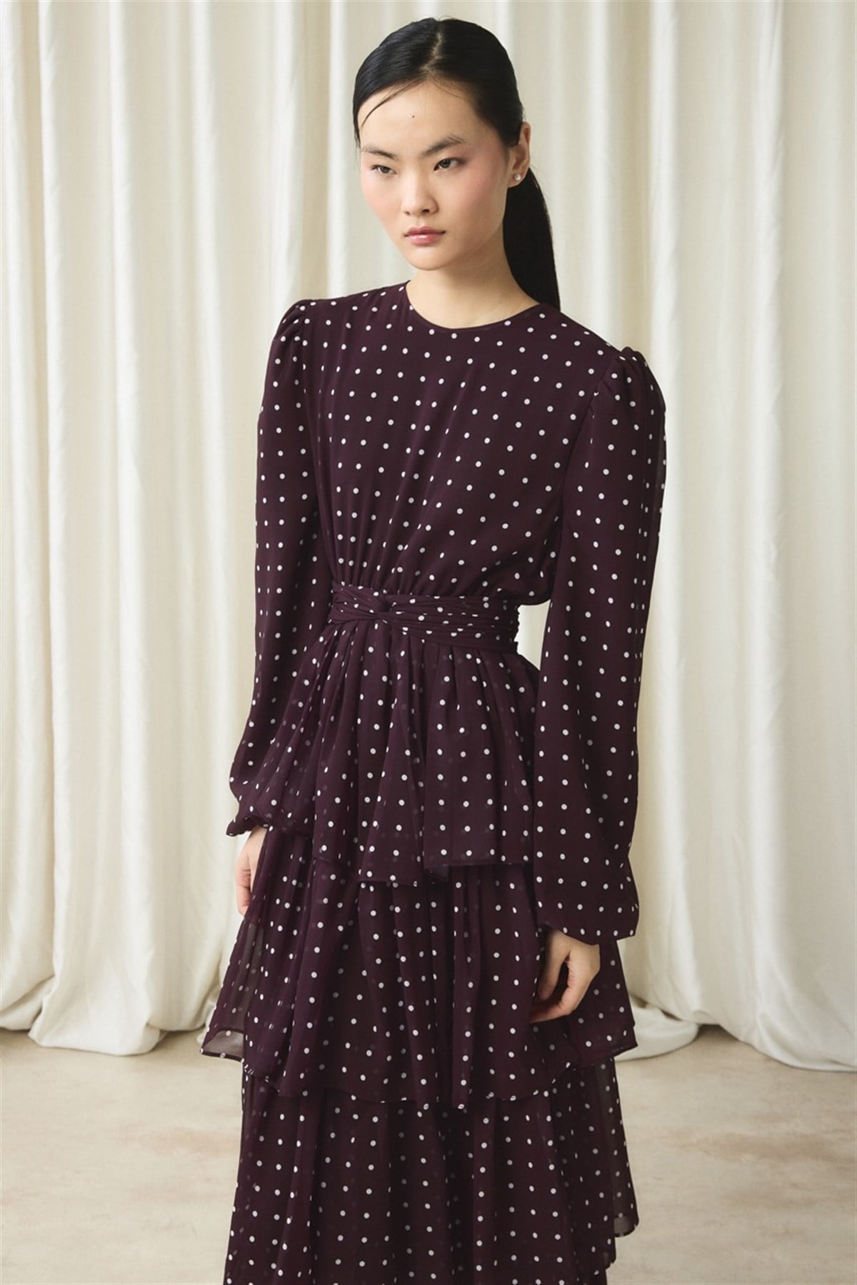 Şifon Puantiye Baskılı Kat Elbise - Bordo