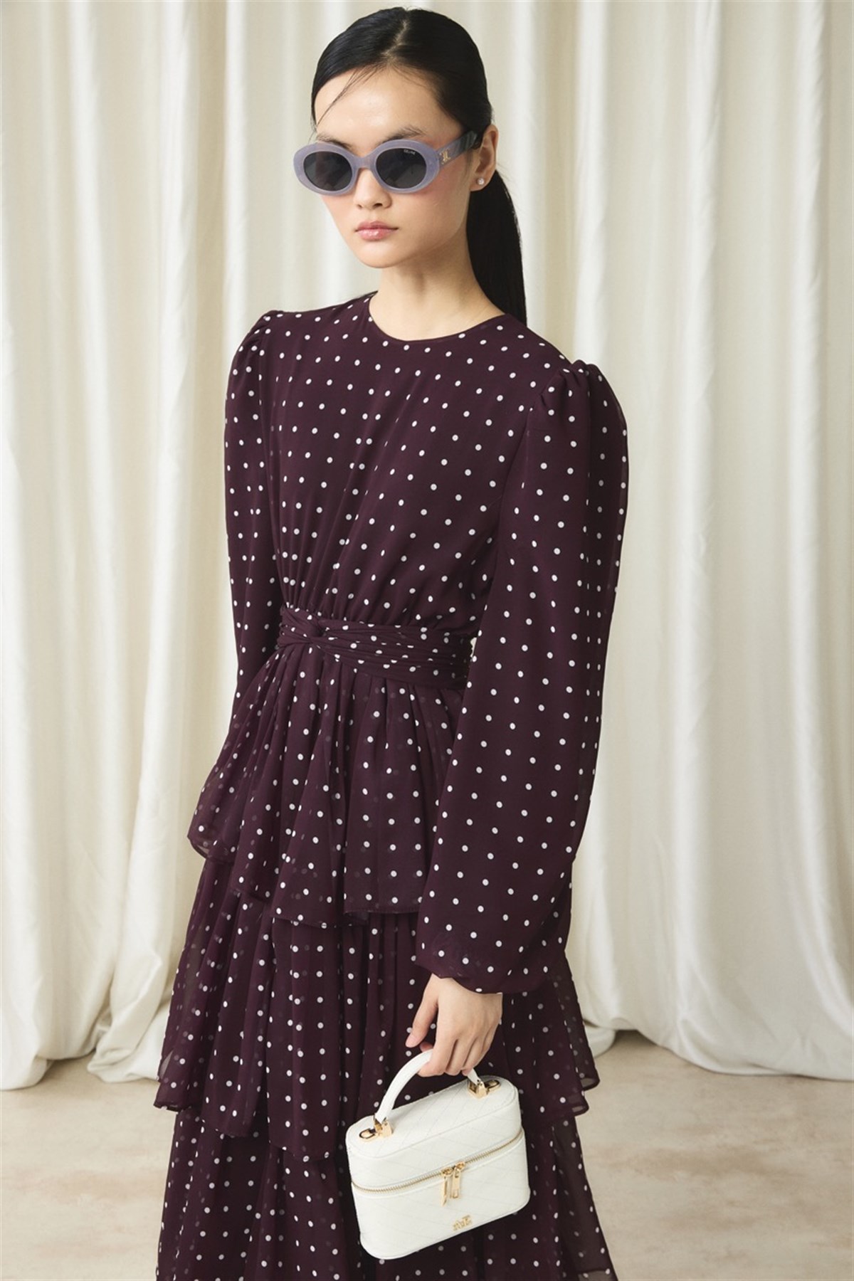 Şifon Puantiye Baskılı Kat Elbise - Bordo