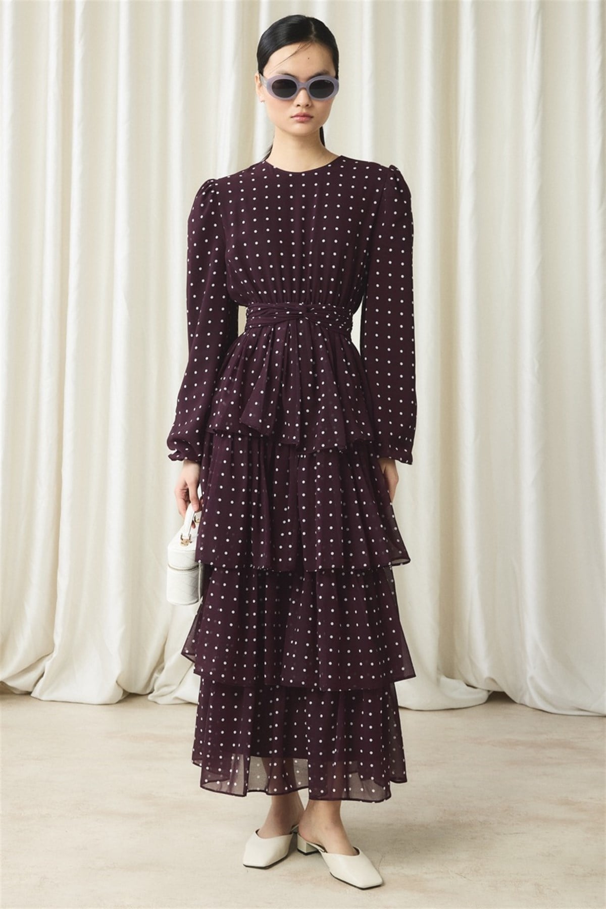 Şifon Puantiye Baskılı Kat Elbise - Bordo