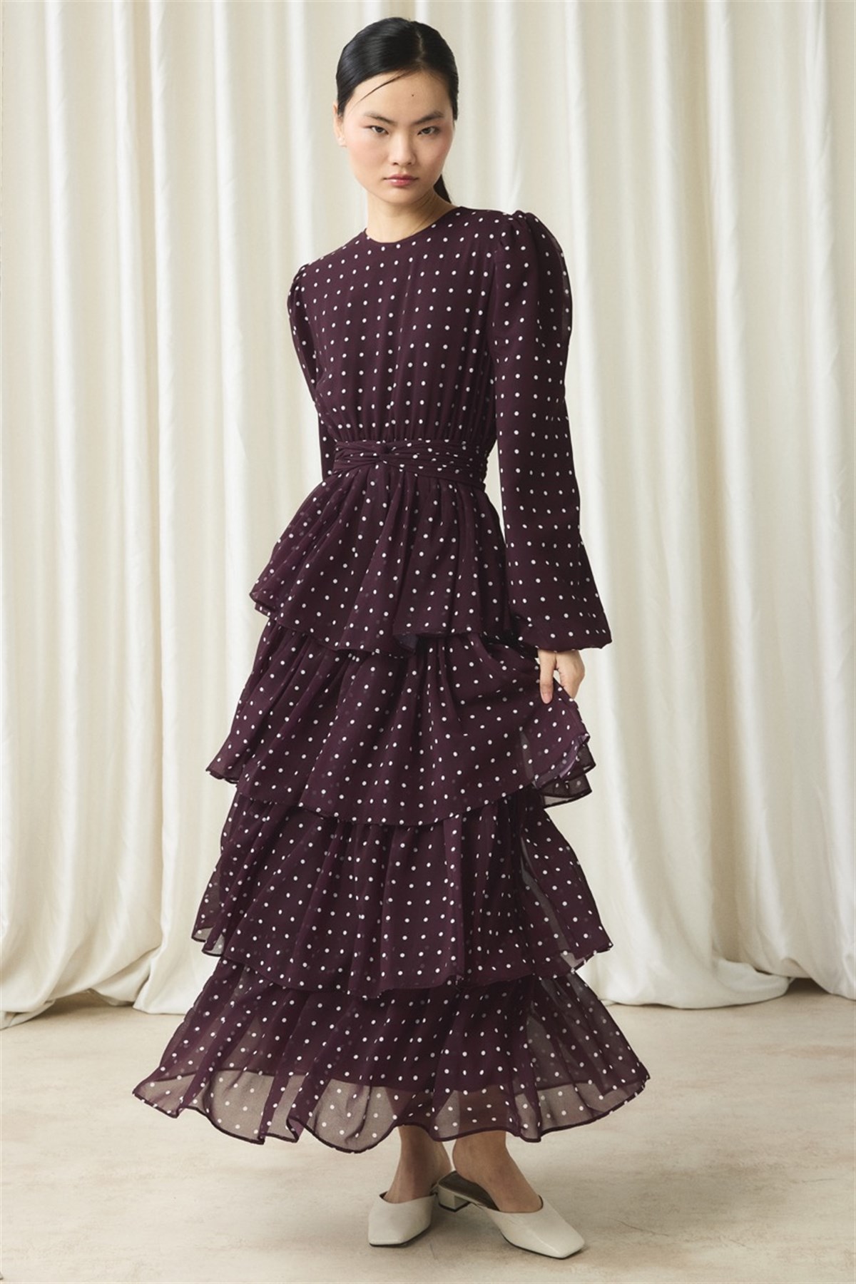 Şifon Puantiye Baskılı Kat Elbise - Bordo