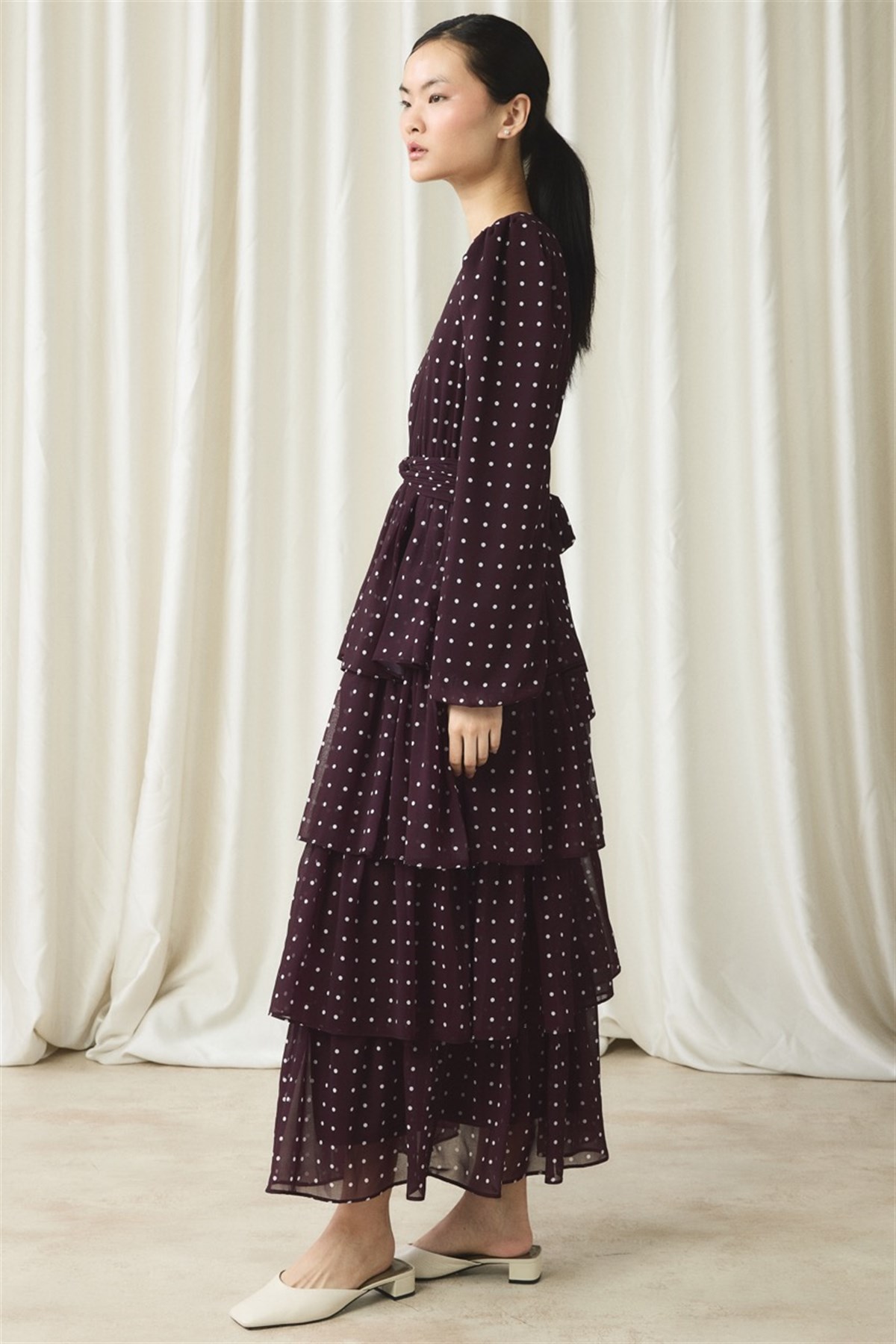 Şifon Puantiye Baskılı Kat Elbise - Bordo