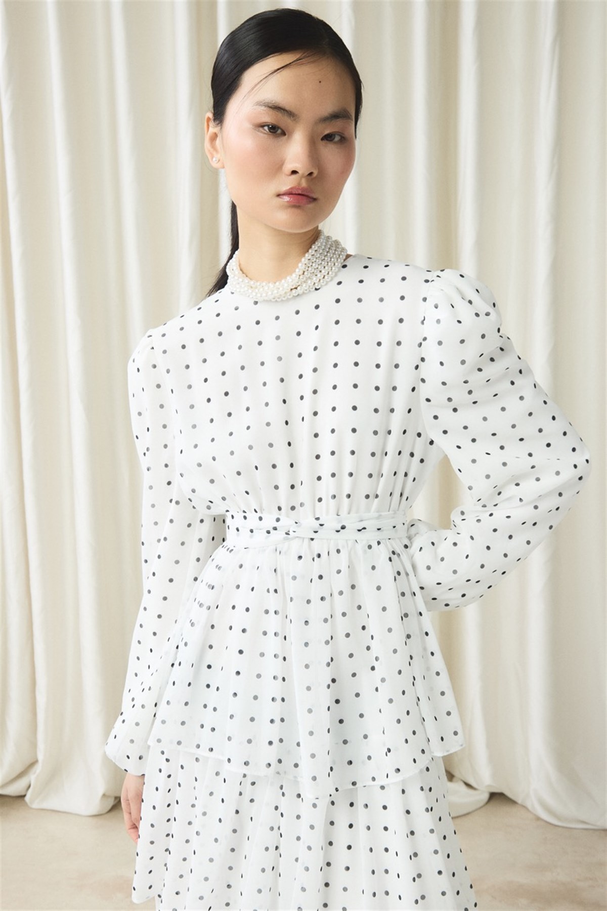 Şifon Puantiye Baskılı Kat Elbise - Ekru