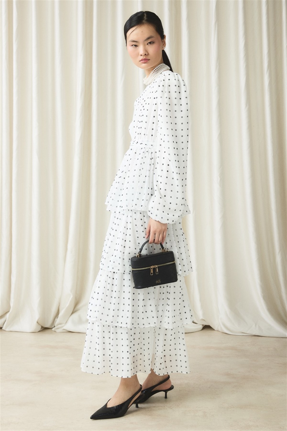 Şifon Puantiye Baskılı Kat Elbise - Ekru