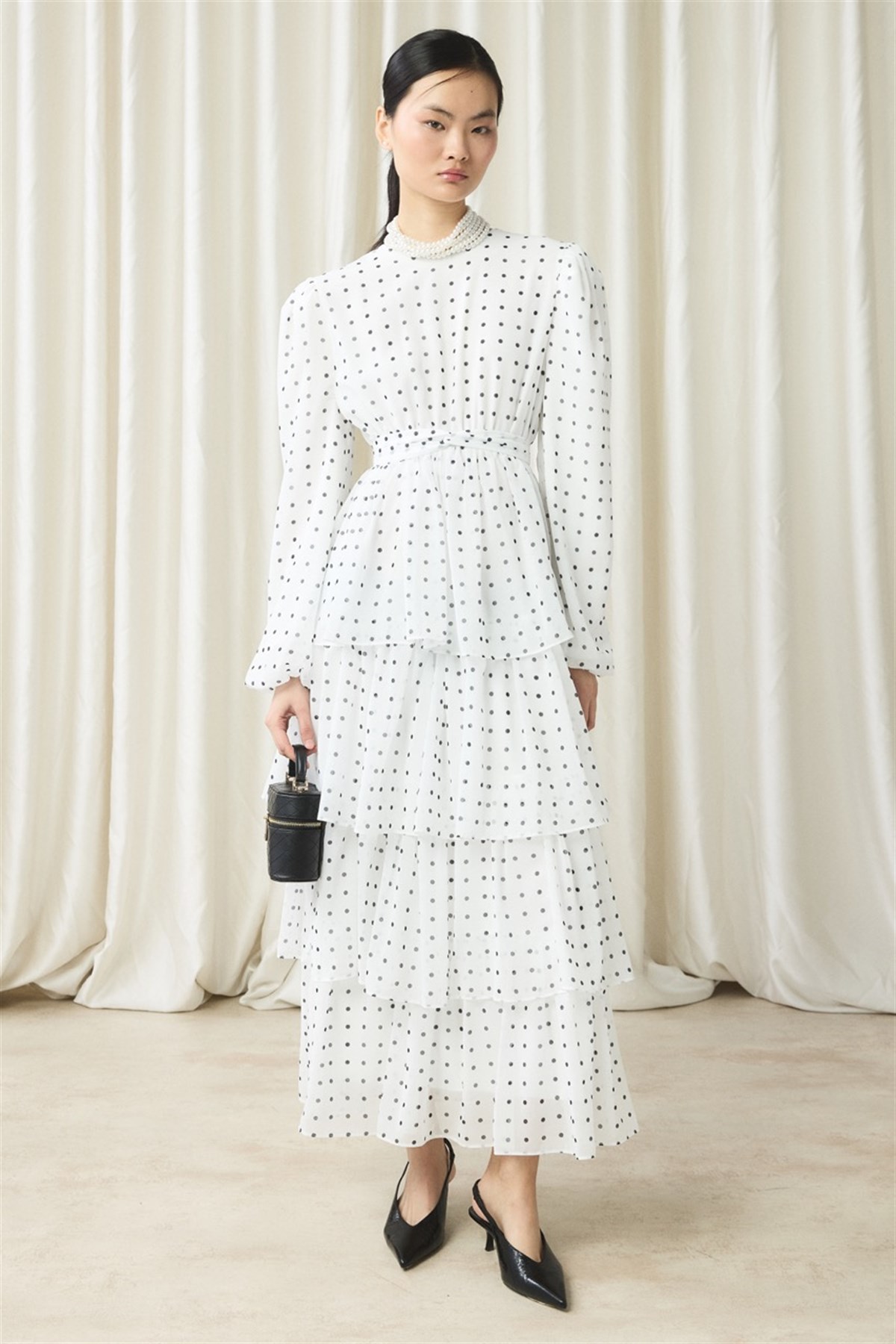 Şifon Puantiye Baskılı Kat Elbise - Ekru