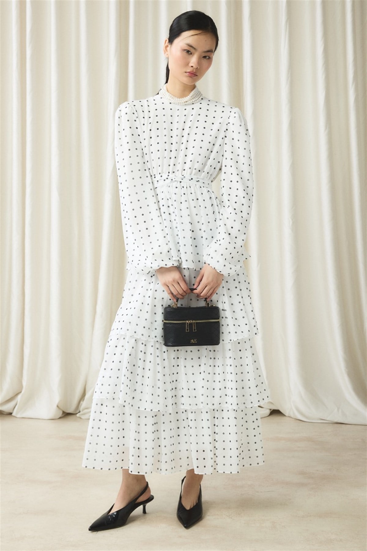 Şifon Puantiye Baskılı Kat Elbise - Ekru