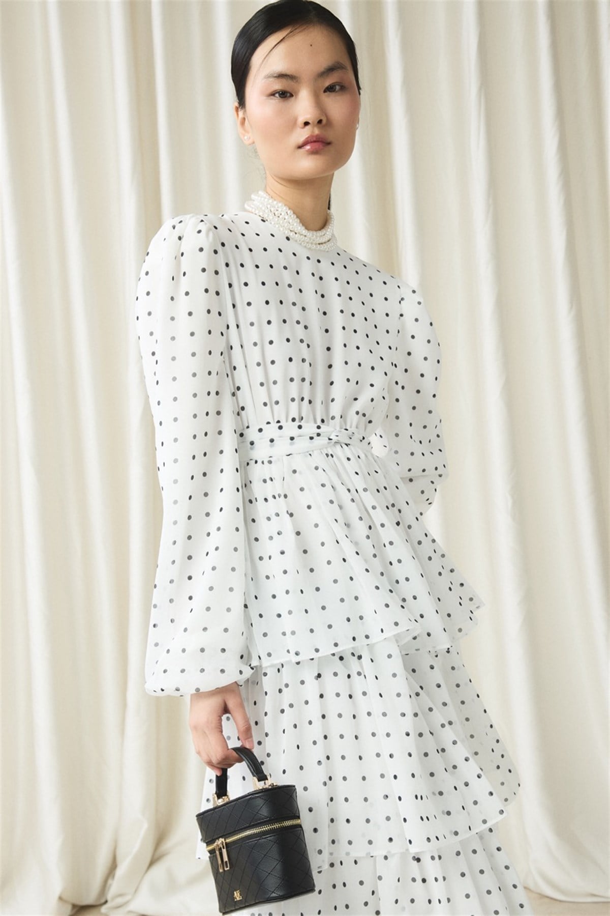 Şifon Puantiye Baskılı Kat Elbise - Ekru