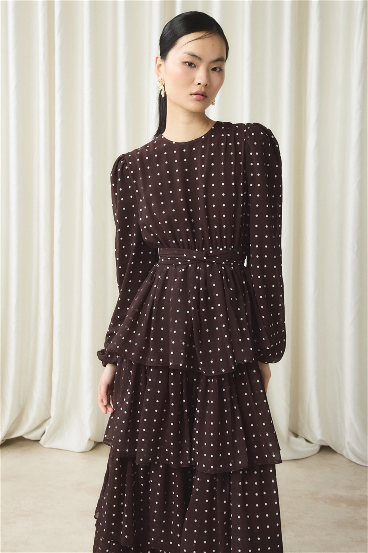 Şifon Puantiye Baskılı Kat Elbise - Kahve