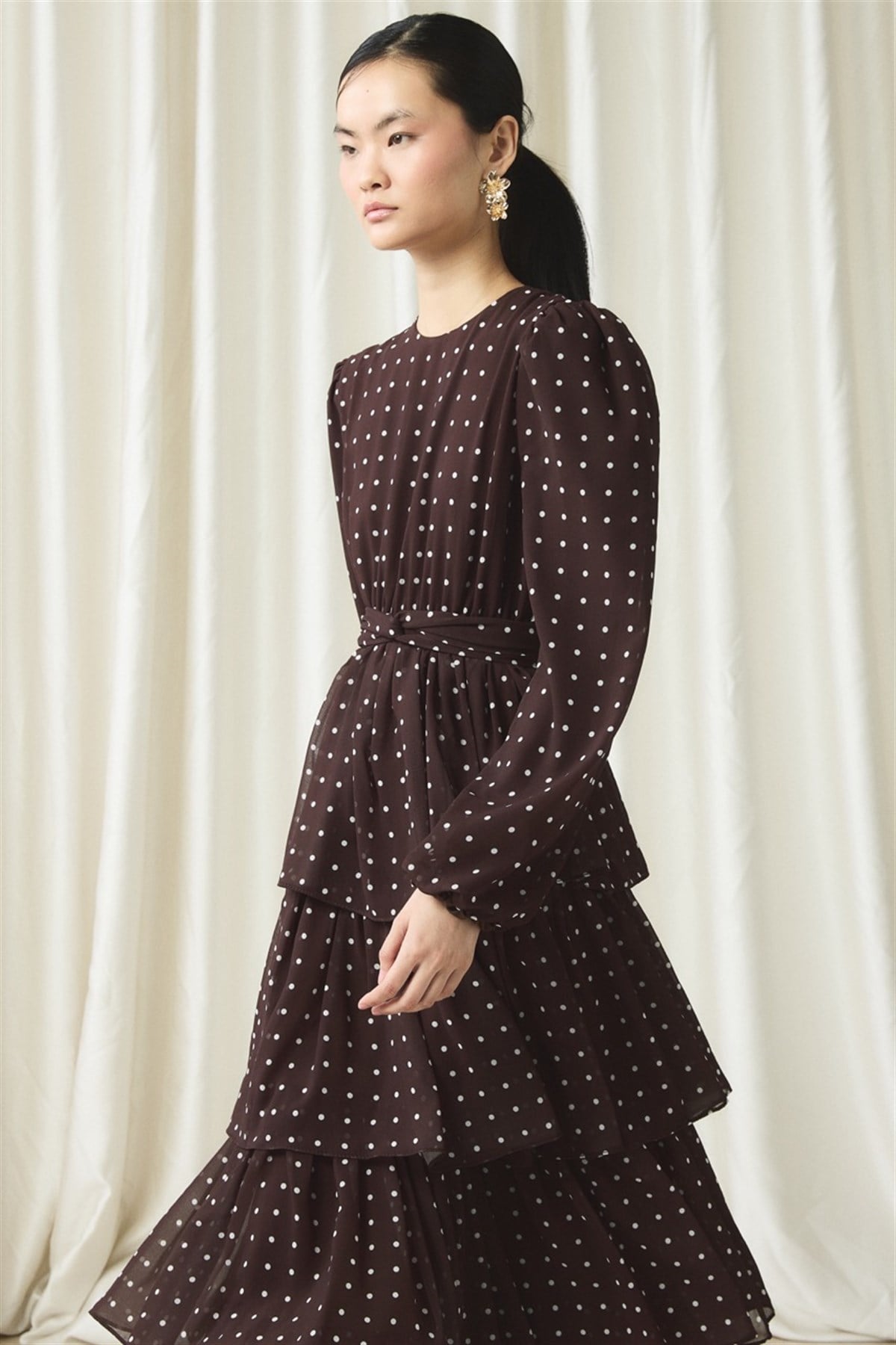 Şifon Puantiye Baskılı Kat Elbise - Kahve