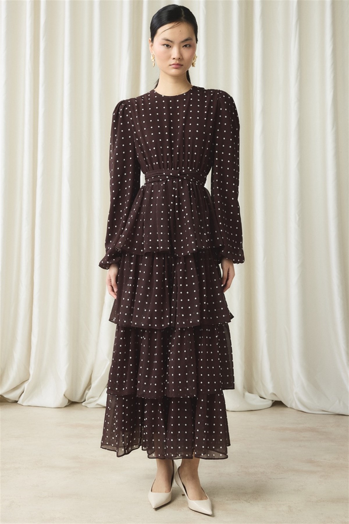 Şifon Puantiye Baskılı Kat Elbise - Kahve