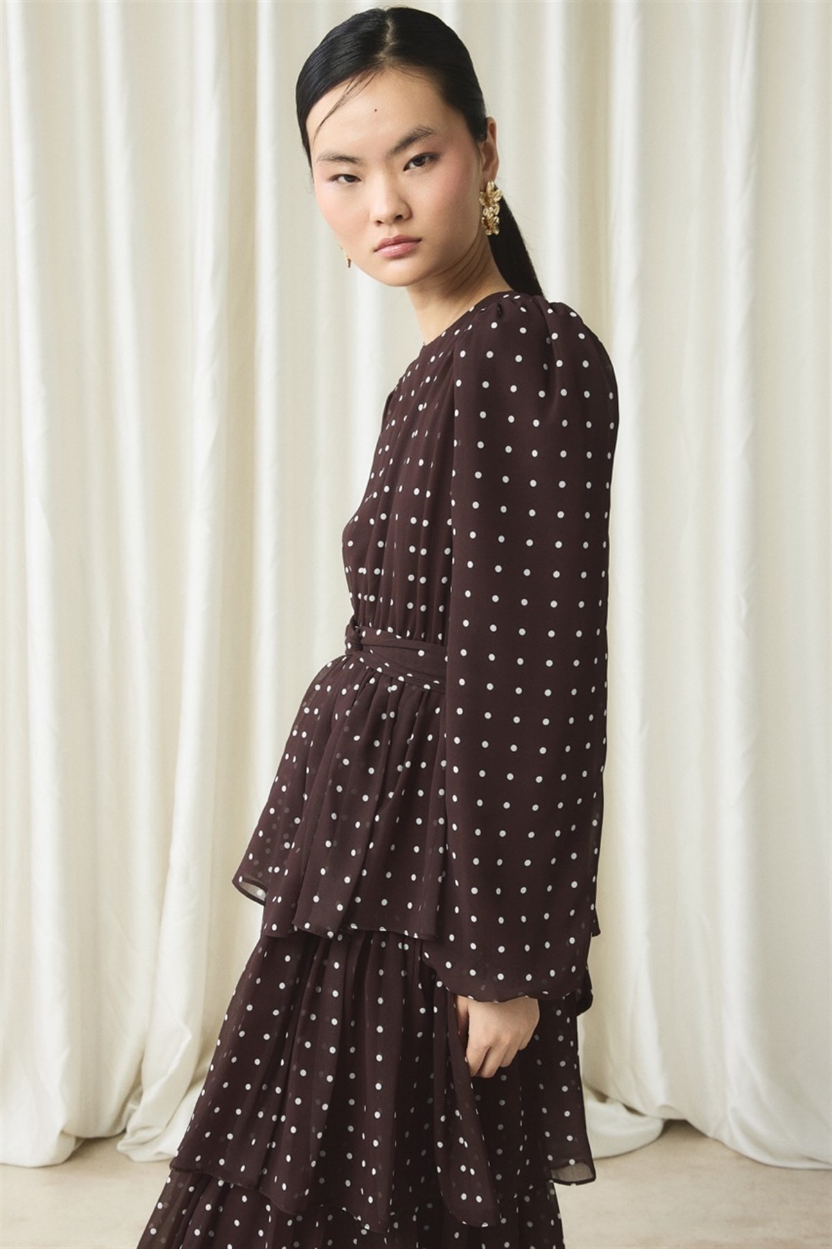 Şifon Puantiye Baskılı Kat Elbise - Kahve