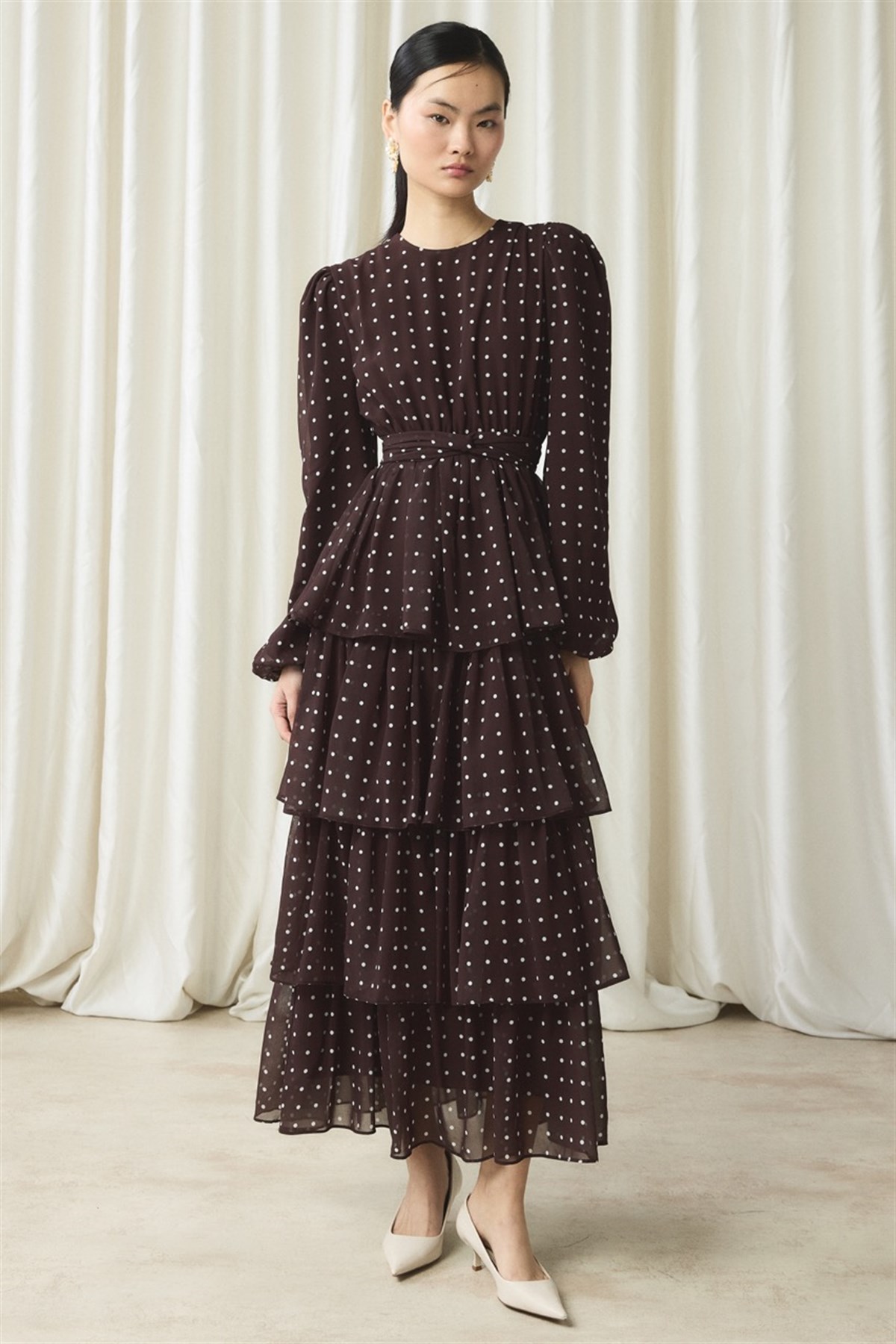 Şifon Puantiye Baskılı Kat Elbise - Kahve