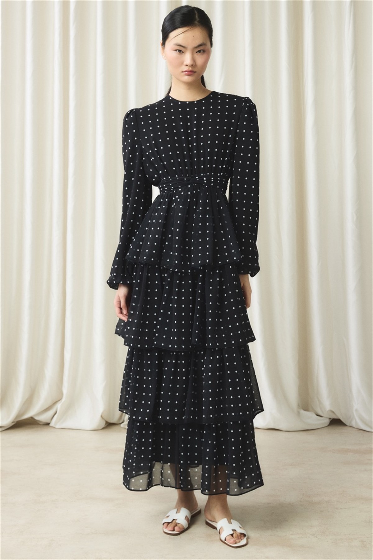 Şifon Puantiye Baskılı Kat Elbise - Siyah