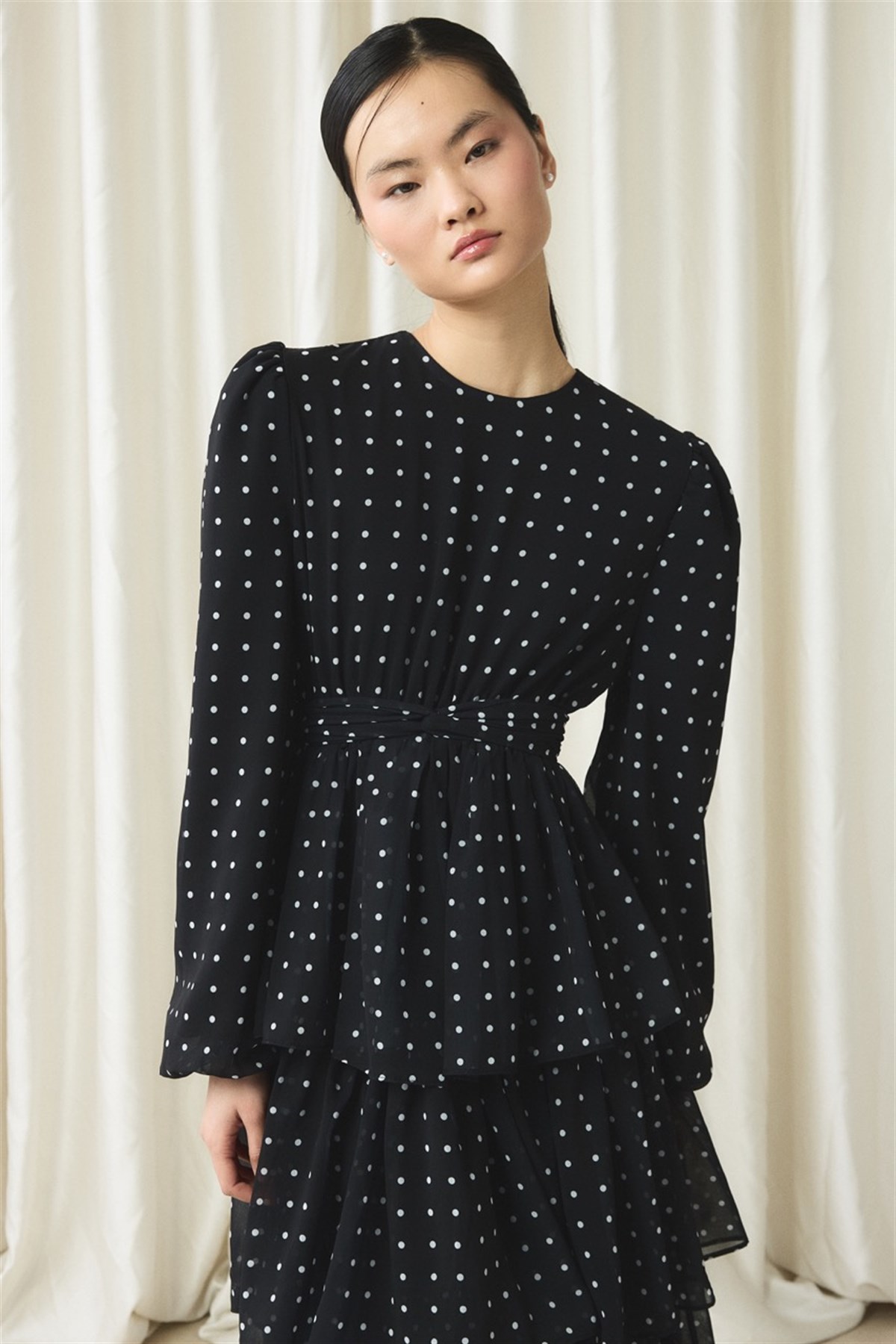 Şifon Puantiye Baskılı Kat Elbise - Siyah