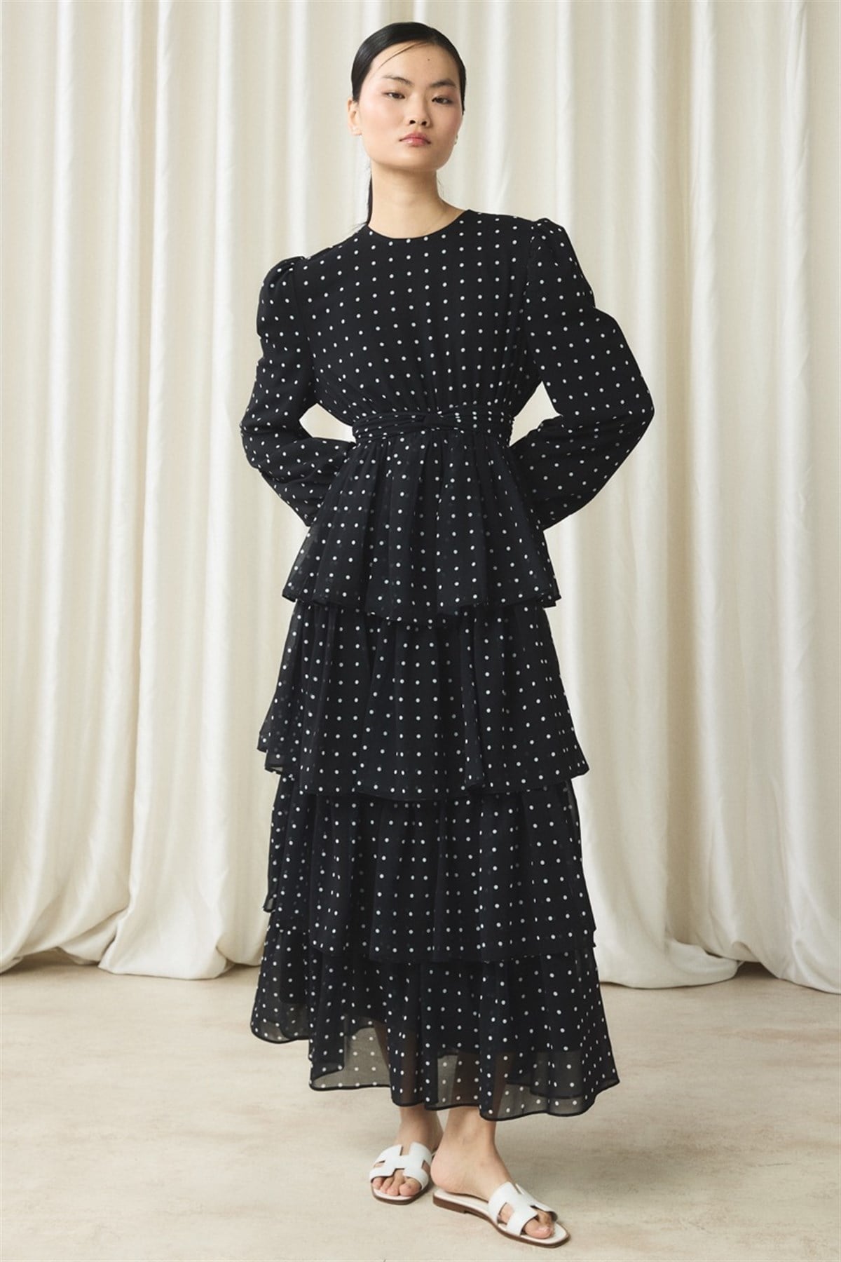 Şifon Puantiye Baskılı Kat Elbise - Siyah