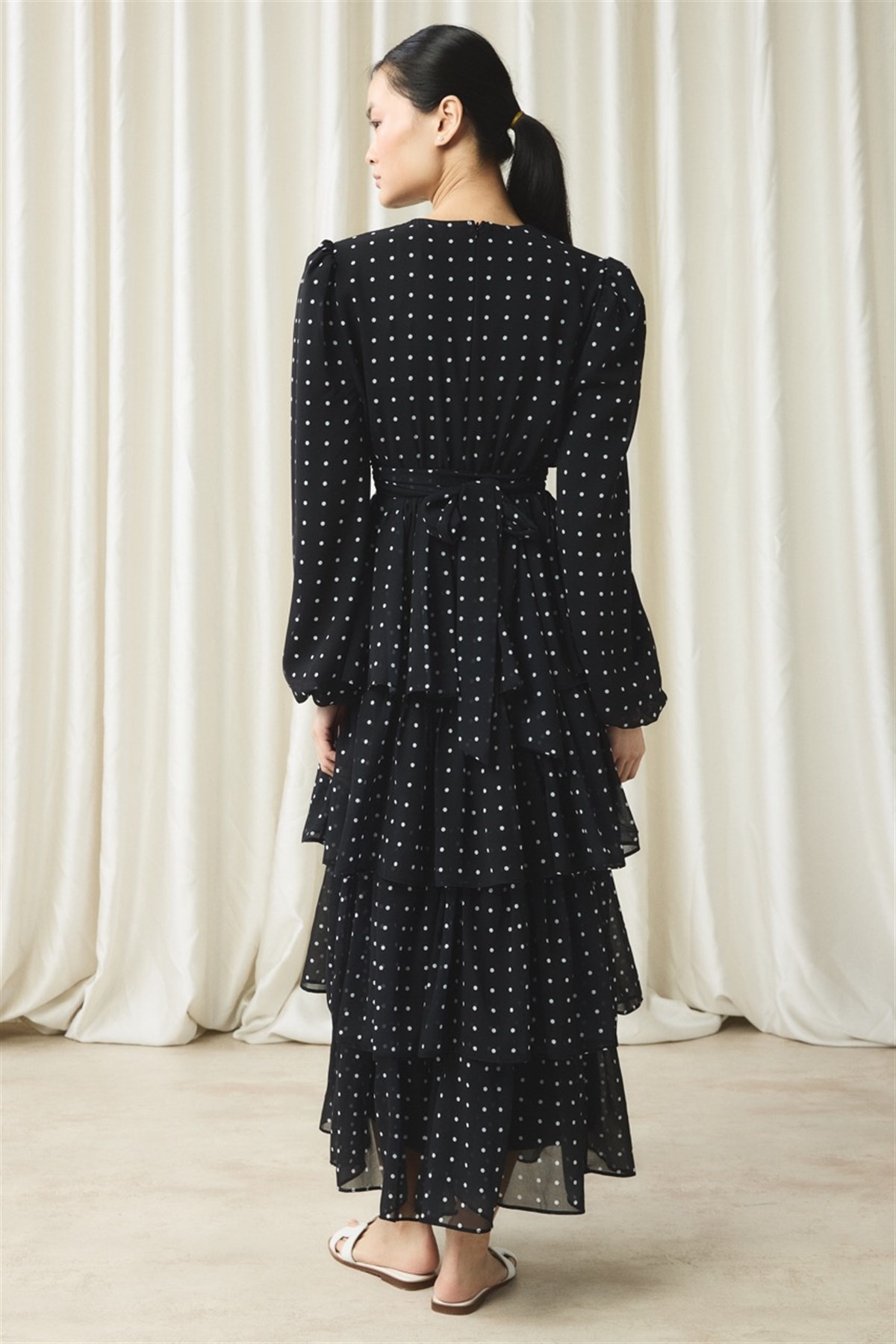Şifon Puantiye Baskılı Kat Elbise - Siyah