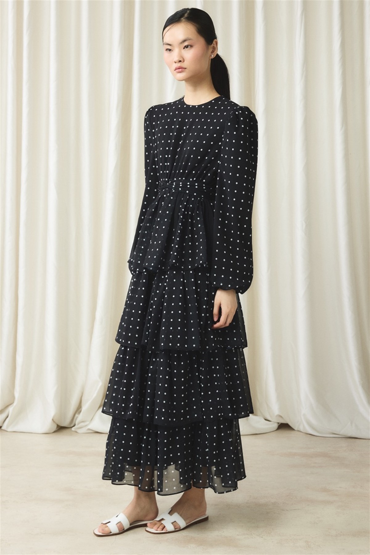 Şifon Puantiye Baskılı Kat Elbise - Siyah