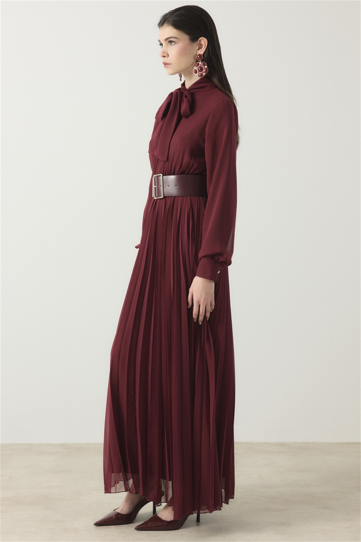 Soley Etekli Şifon Elbise - Bordo