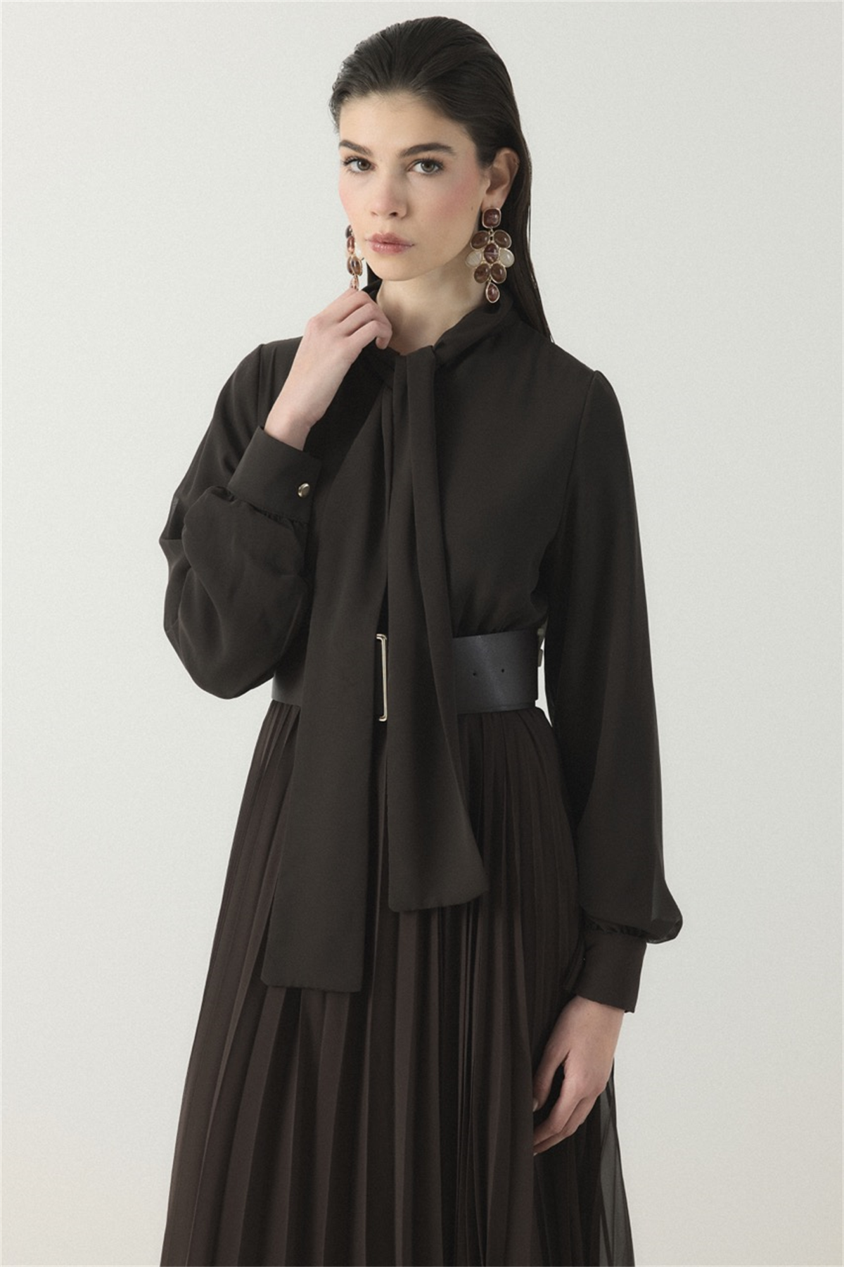 Soley Etekli Şifon Elbise - Kahve