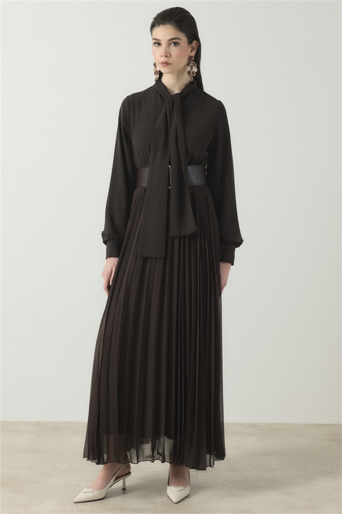 Soley Etekli Şifon Elbise - Kahve