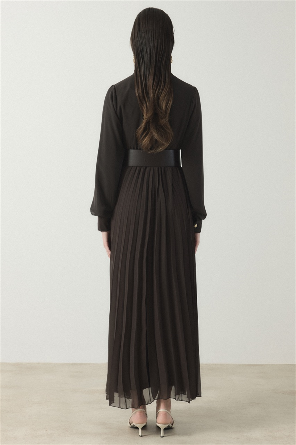 Soley Etekli Şifon Elbise - Kahve