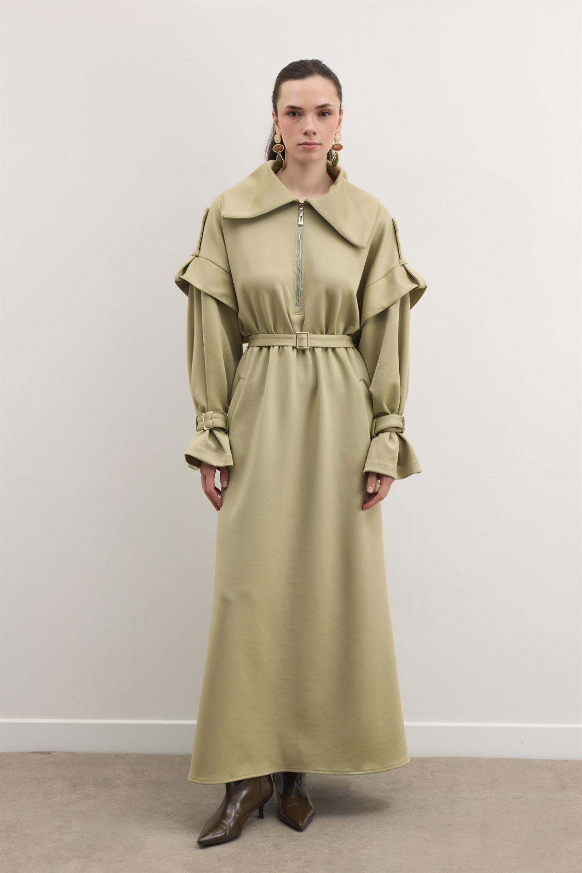 Sorelle Fermuarlı Kol Allerli Elbise - Yağ Yeşili