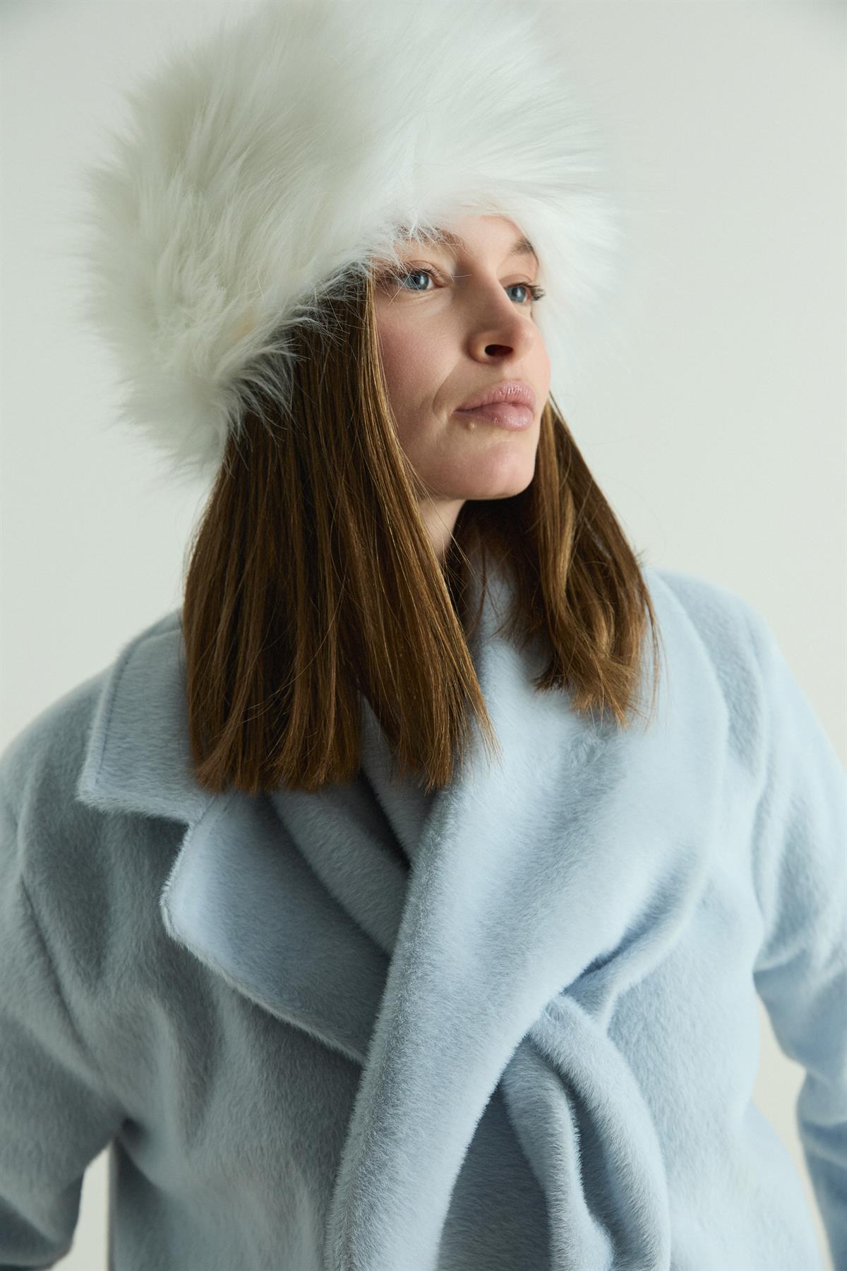 Suni Kürklü Premium Şapka - Beyaz